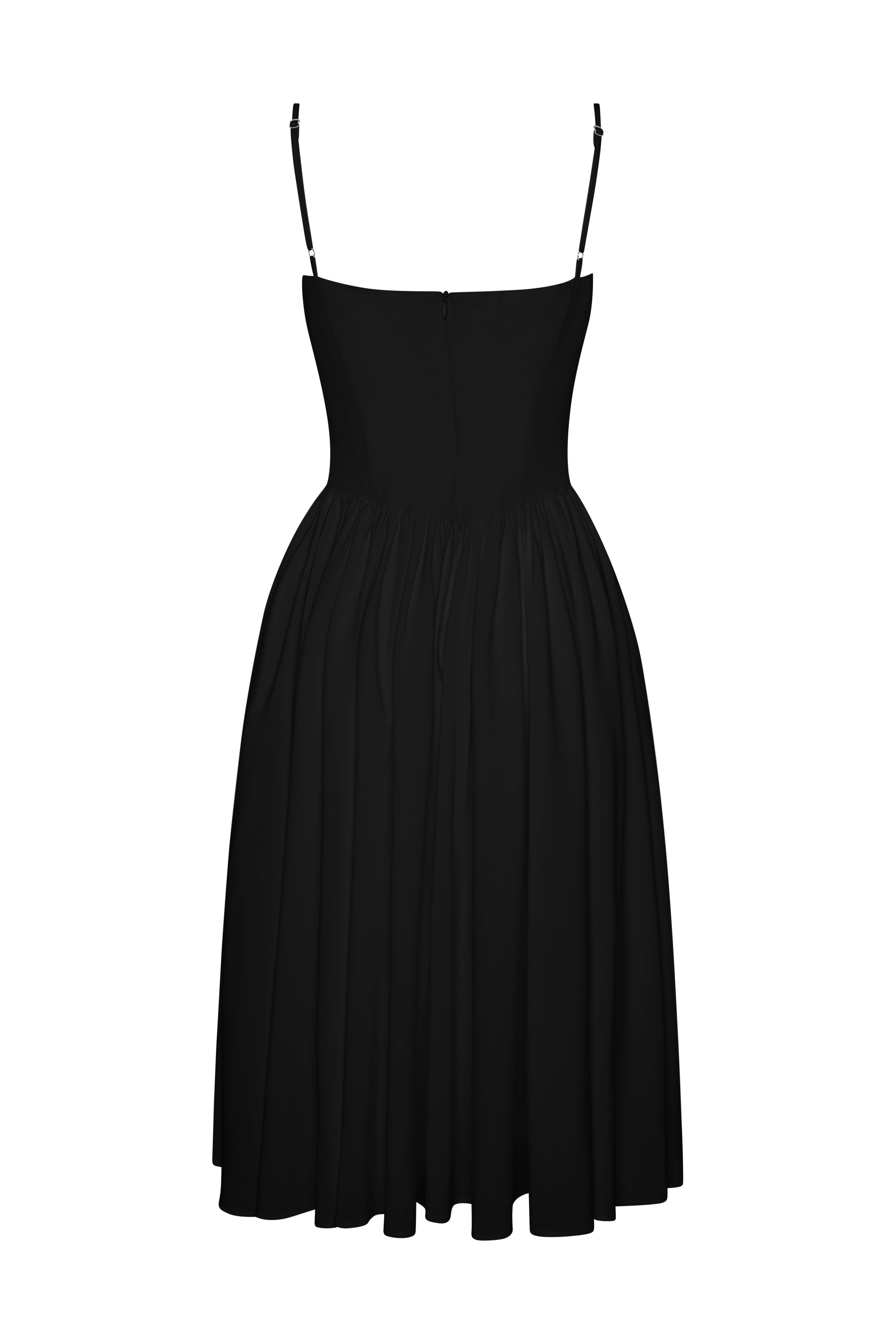 Ballerina Bustier Midi Dress in Black, back view.