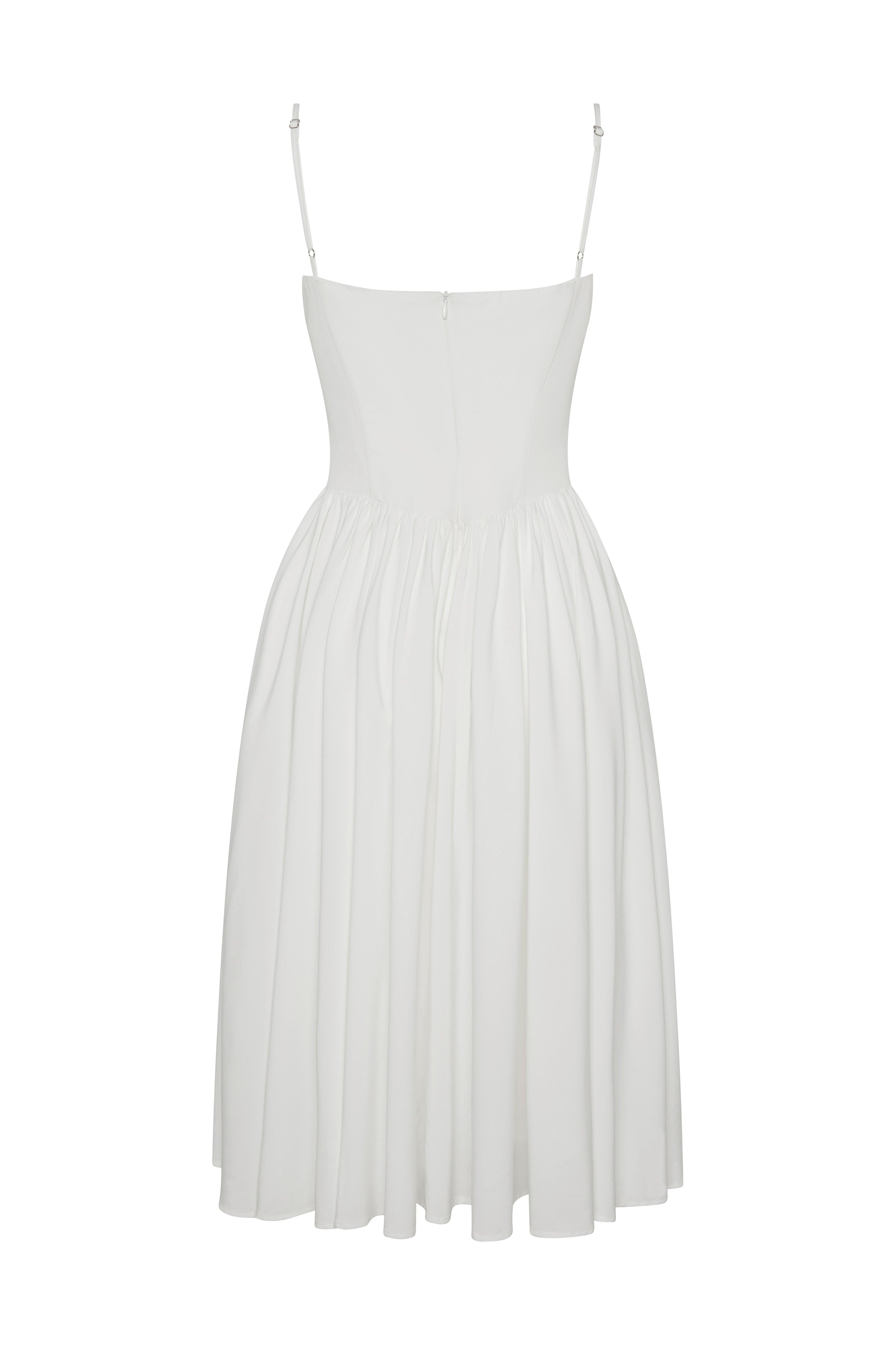 Ballerina Bustier Midi Dress in White, back view.