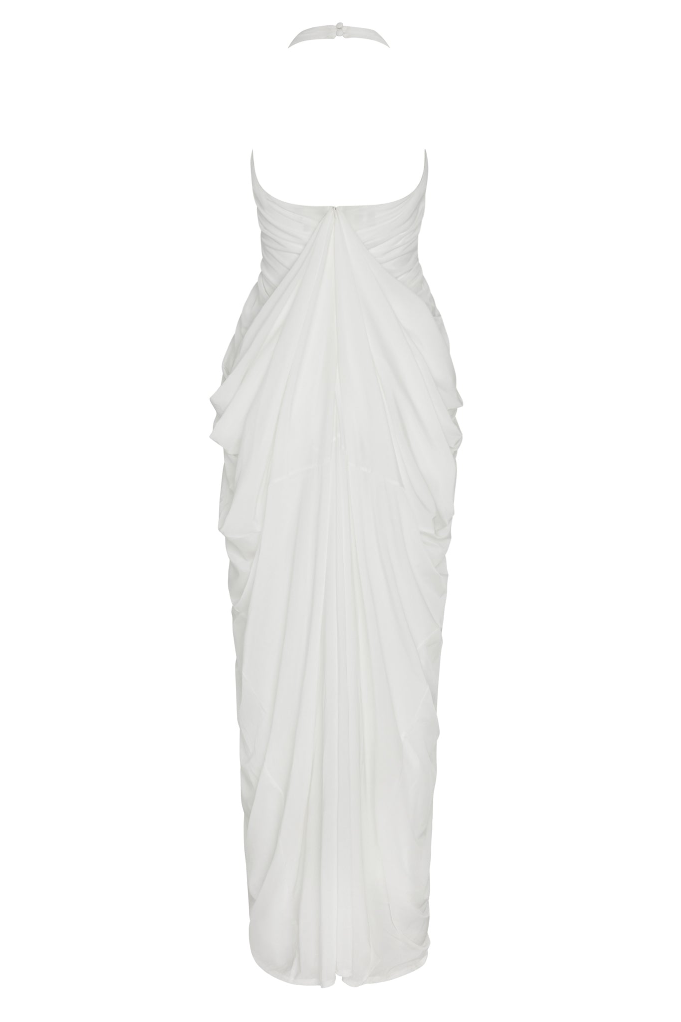 Cascade Drape Gown in White, back view.