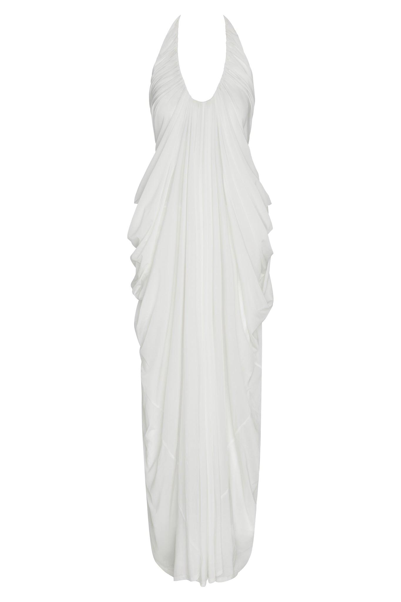 Cascade Drape Gown in White, front view.