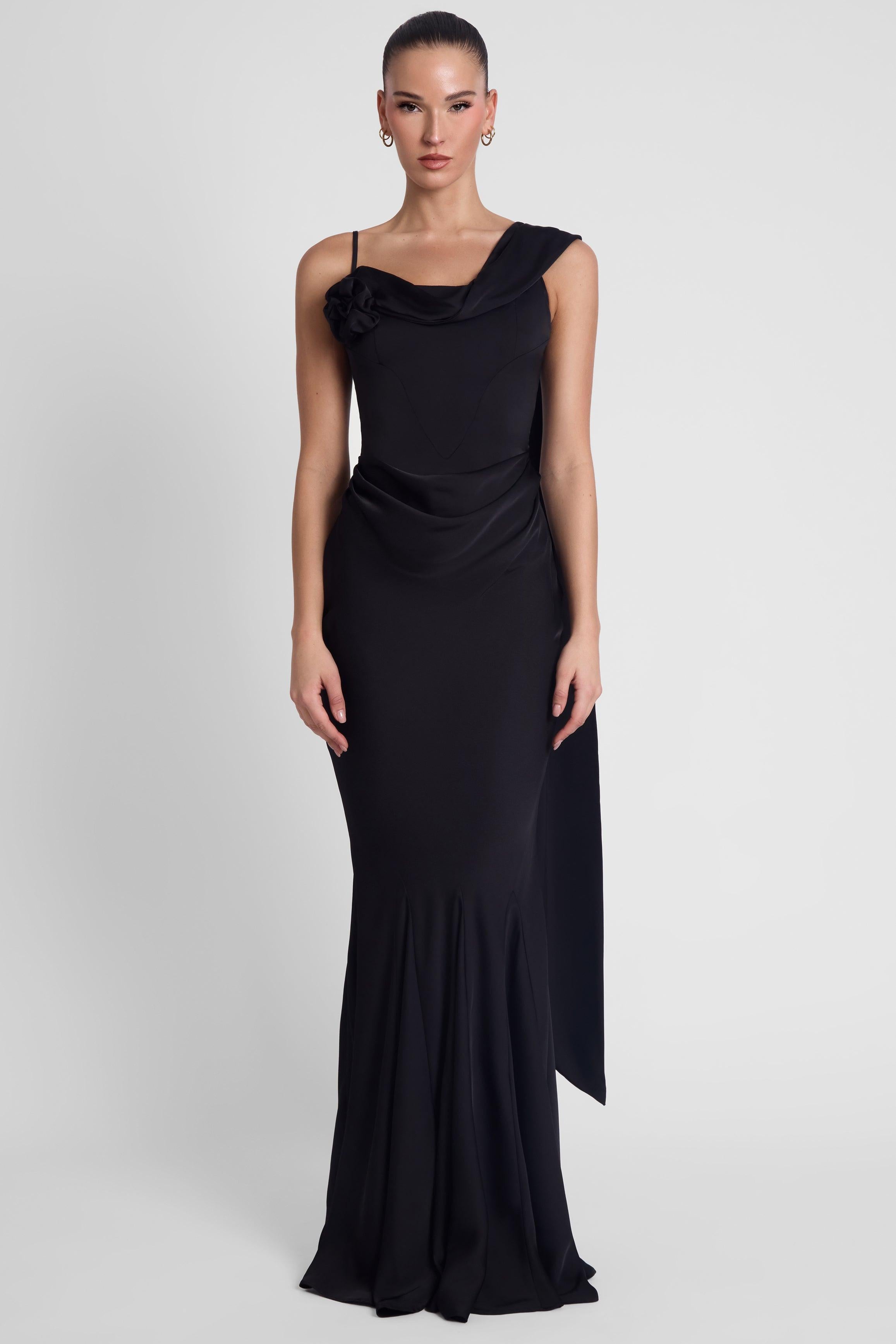 LEAU - Celine Corset Drape Satin Gown in Black LEAU - Celine Corset Drape Satin Gown in Black