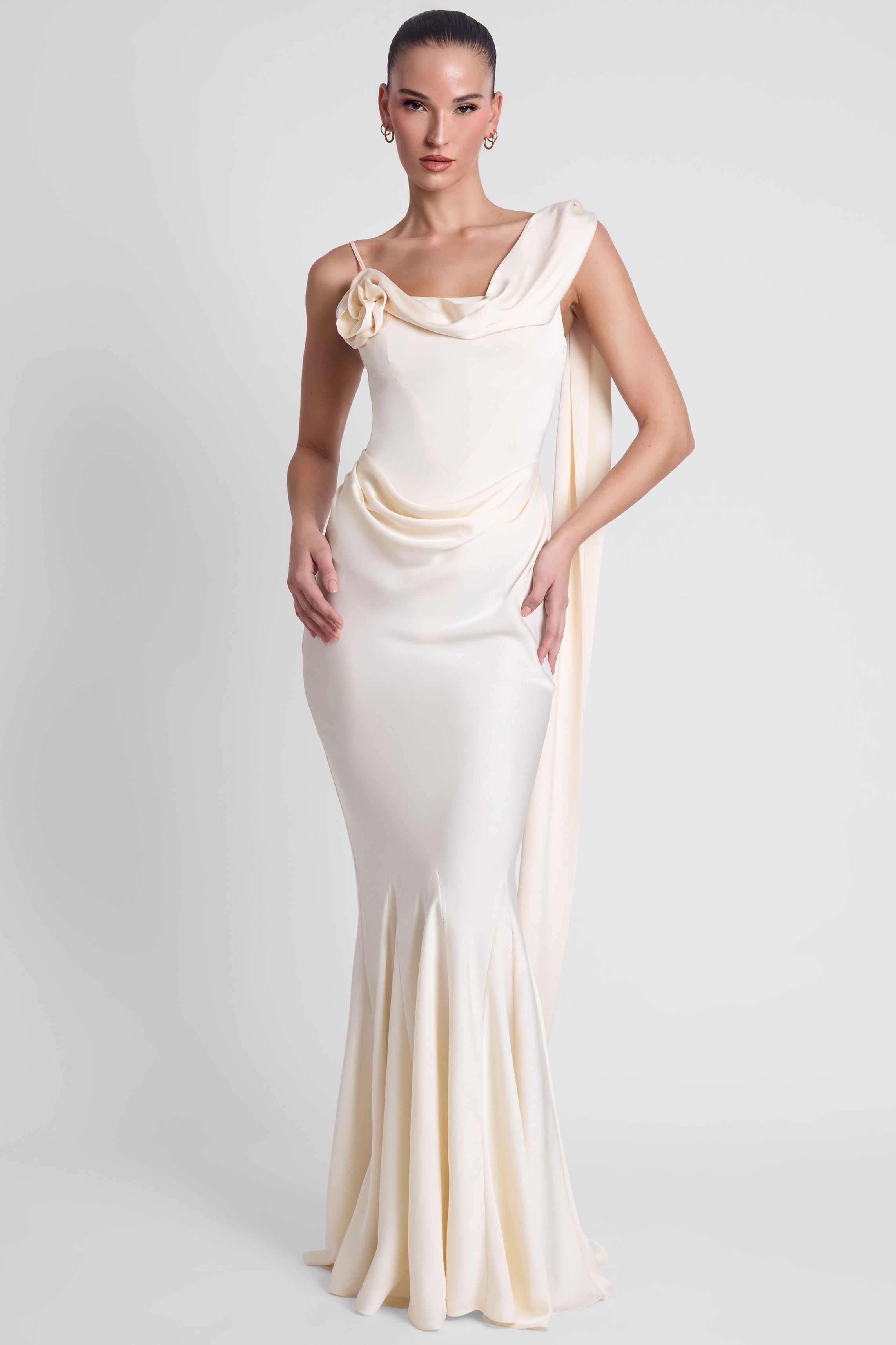 Celine Corset Drape Satin Gown - Ivory