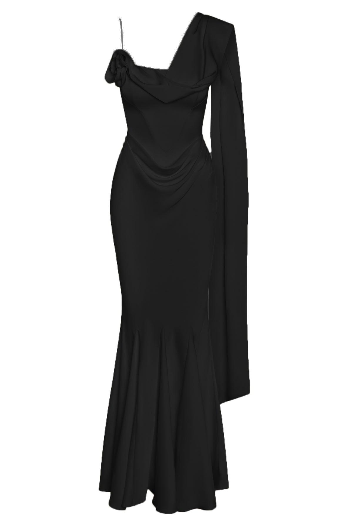 Celine Corset Drape Satin Gown in Black, front view.