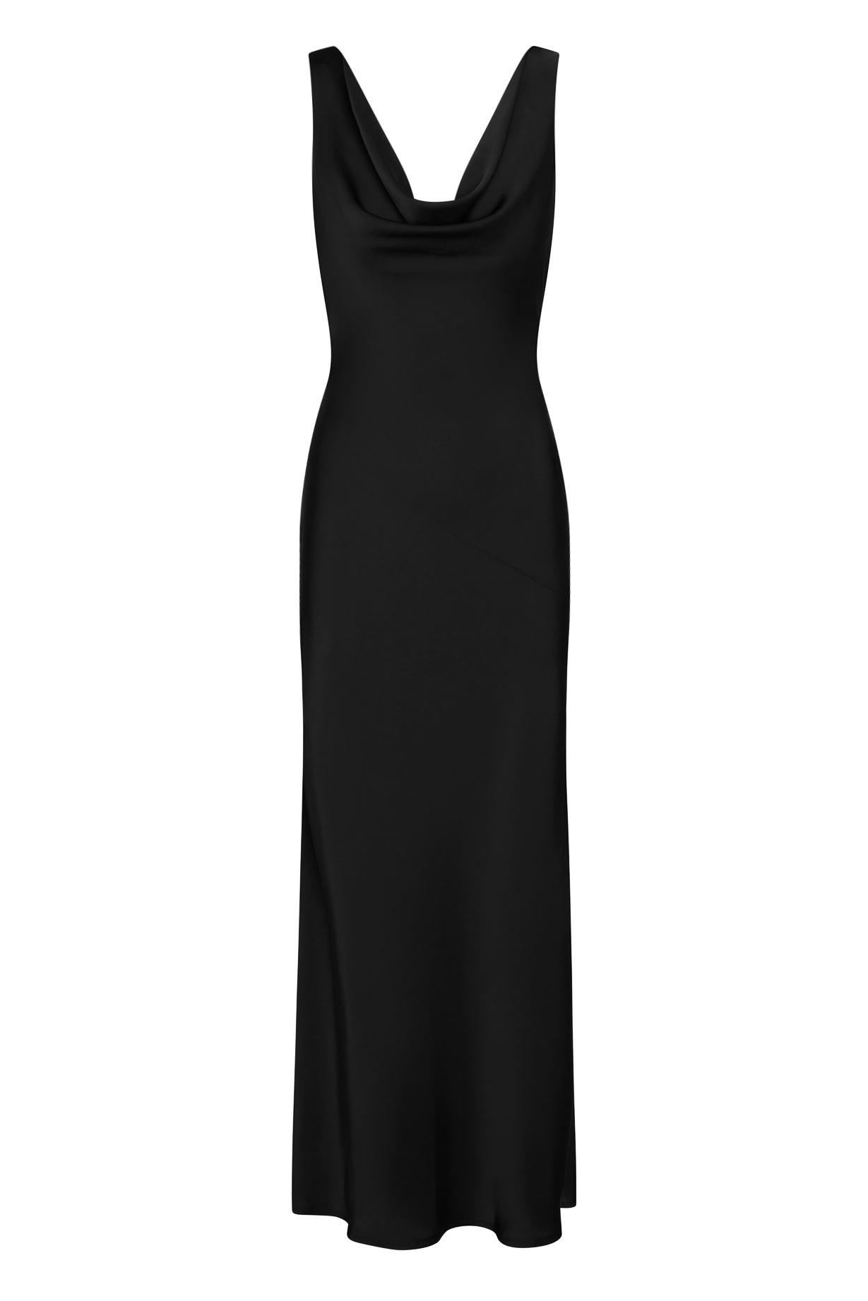 Dove Drape Satin Gown in Black, front view.