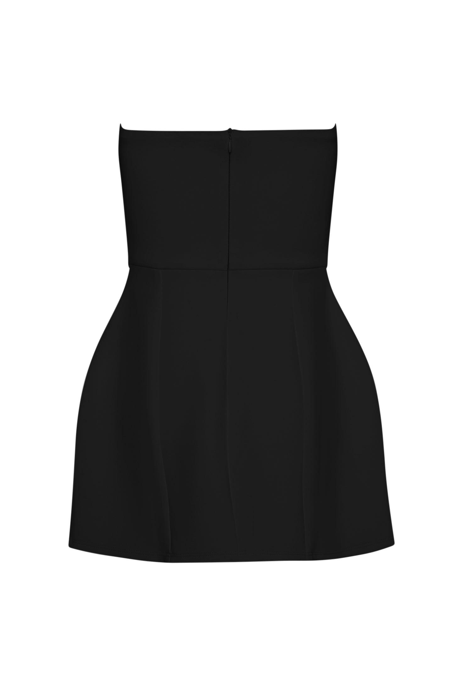 Eres Strapless Bustier Mini Dress in Black, back view.