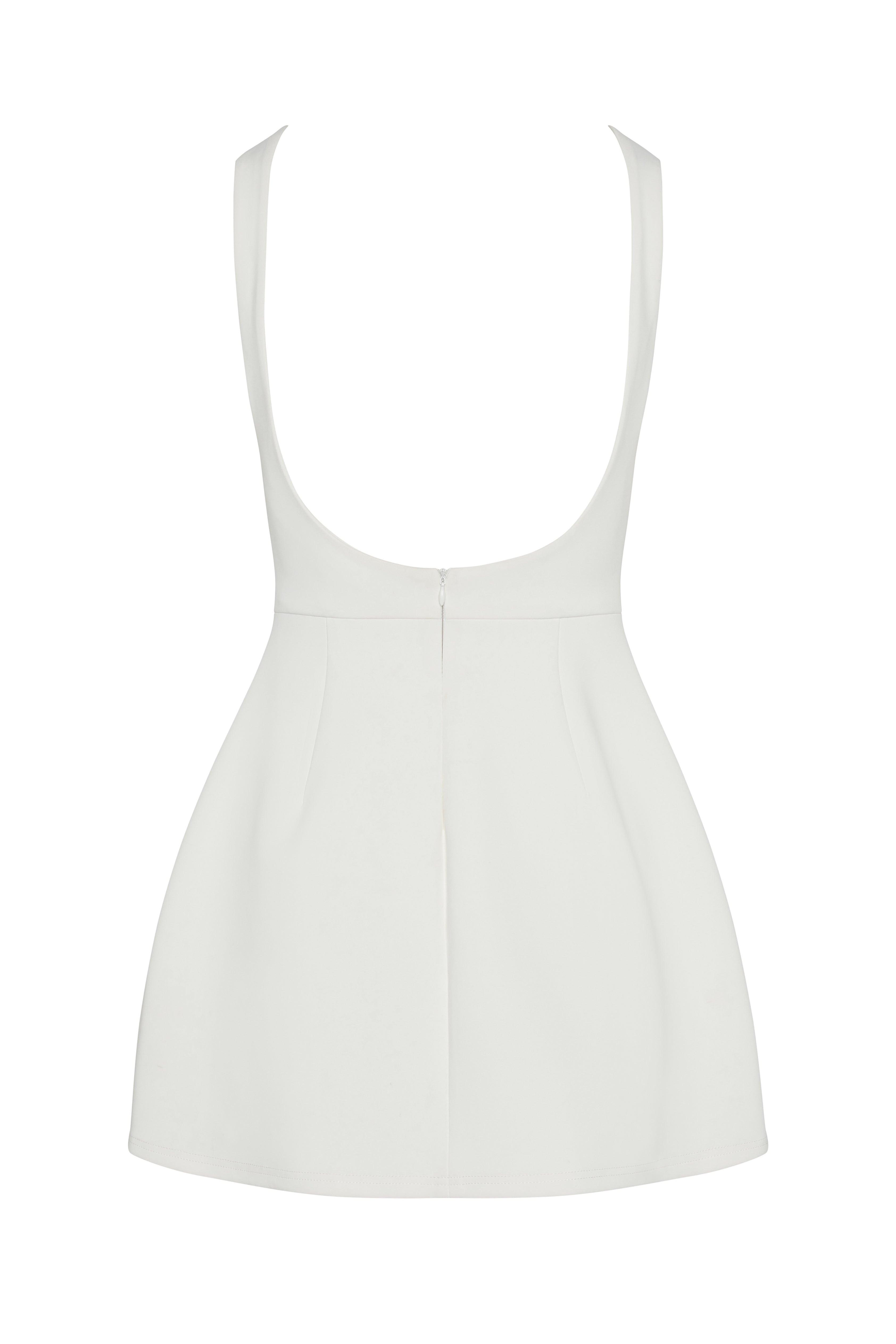Estelle Sleeveless Bustier Mini Dress in White, back view.