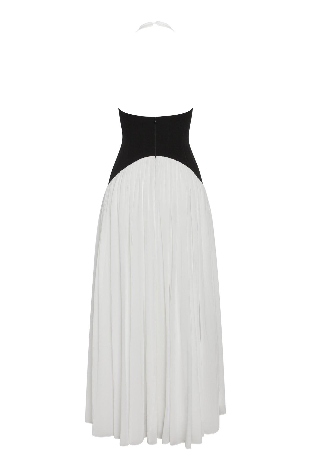 Harlowe Contrast Corset Maxi Dress in White, back view.