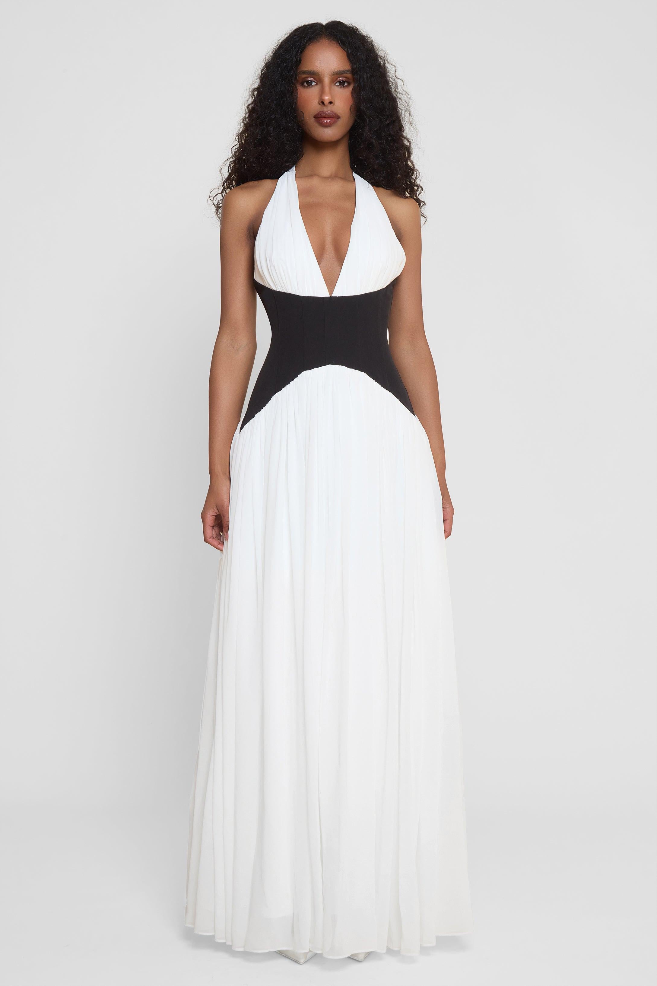 Model wearing Harlowe Contrast Corset Maxi Dress in White, front view.