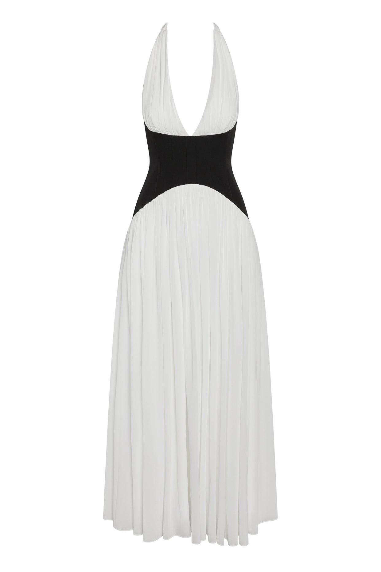 Harlowe Contrast Corset Maxi Dress in White, front view.