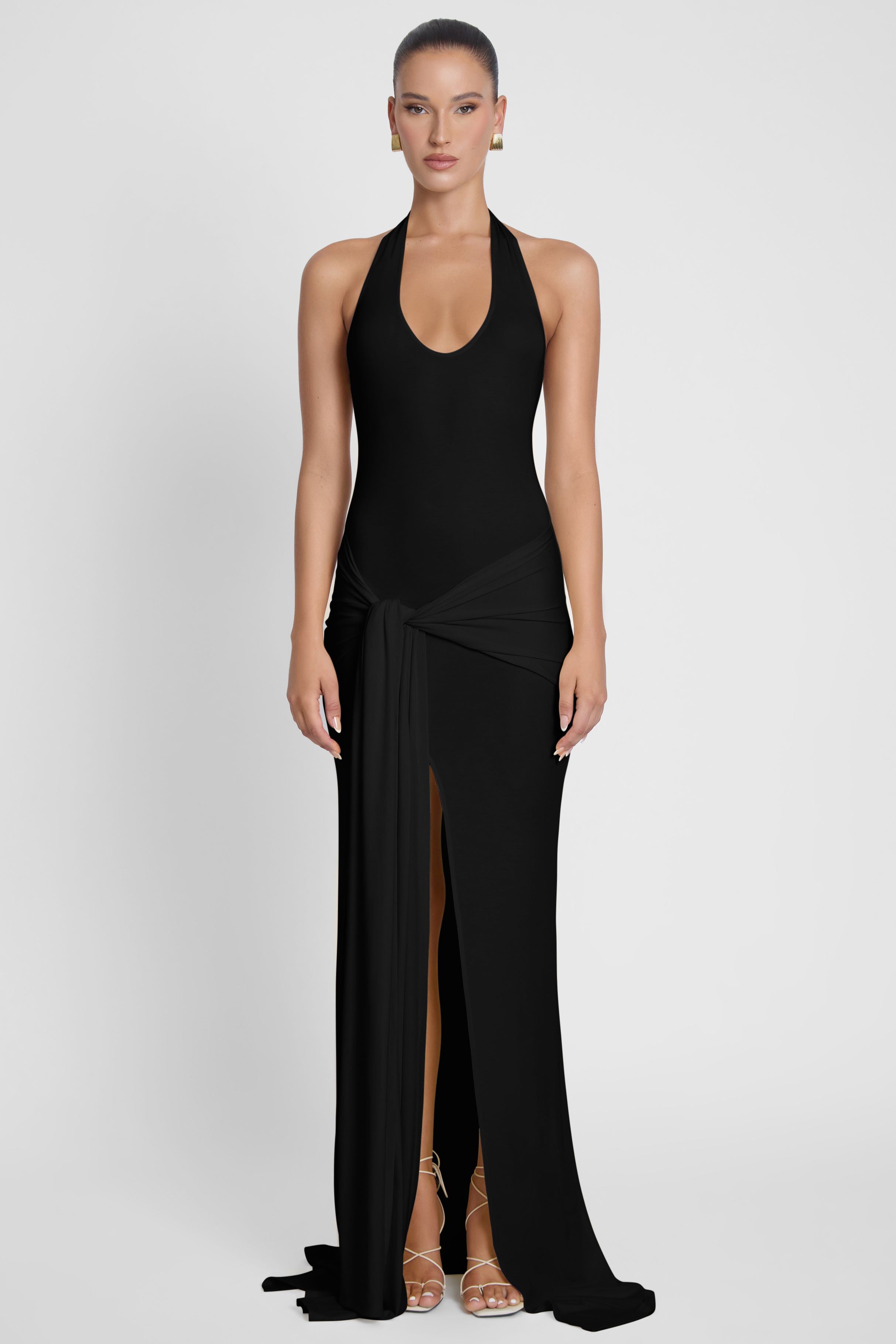 Heaven Halter Jersey Knot Maxi Dress - Black