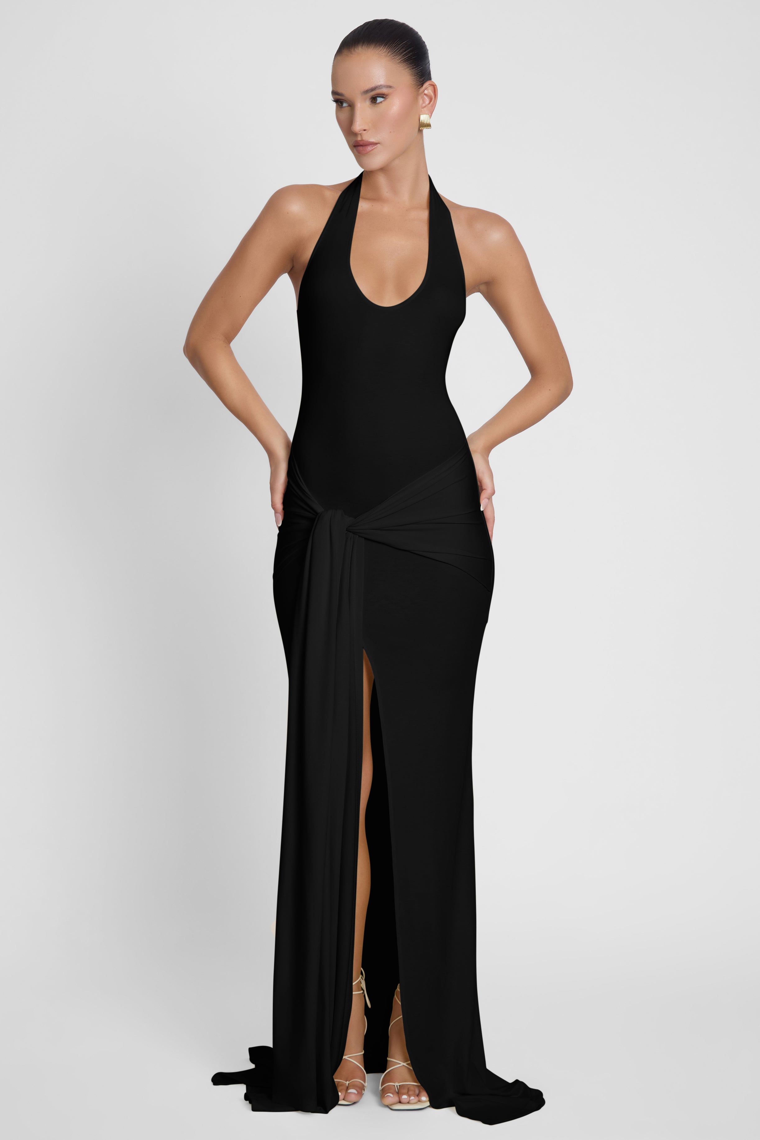 Heaven Halter Jersey Knot Maxi Dress - Black