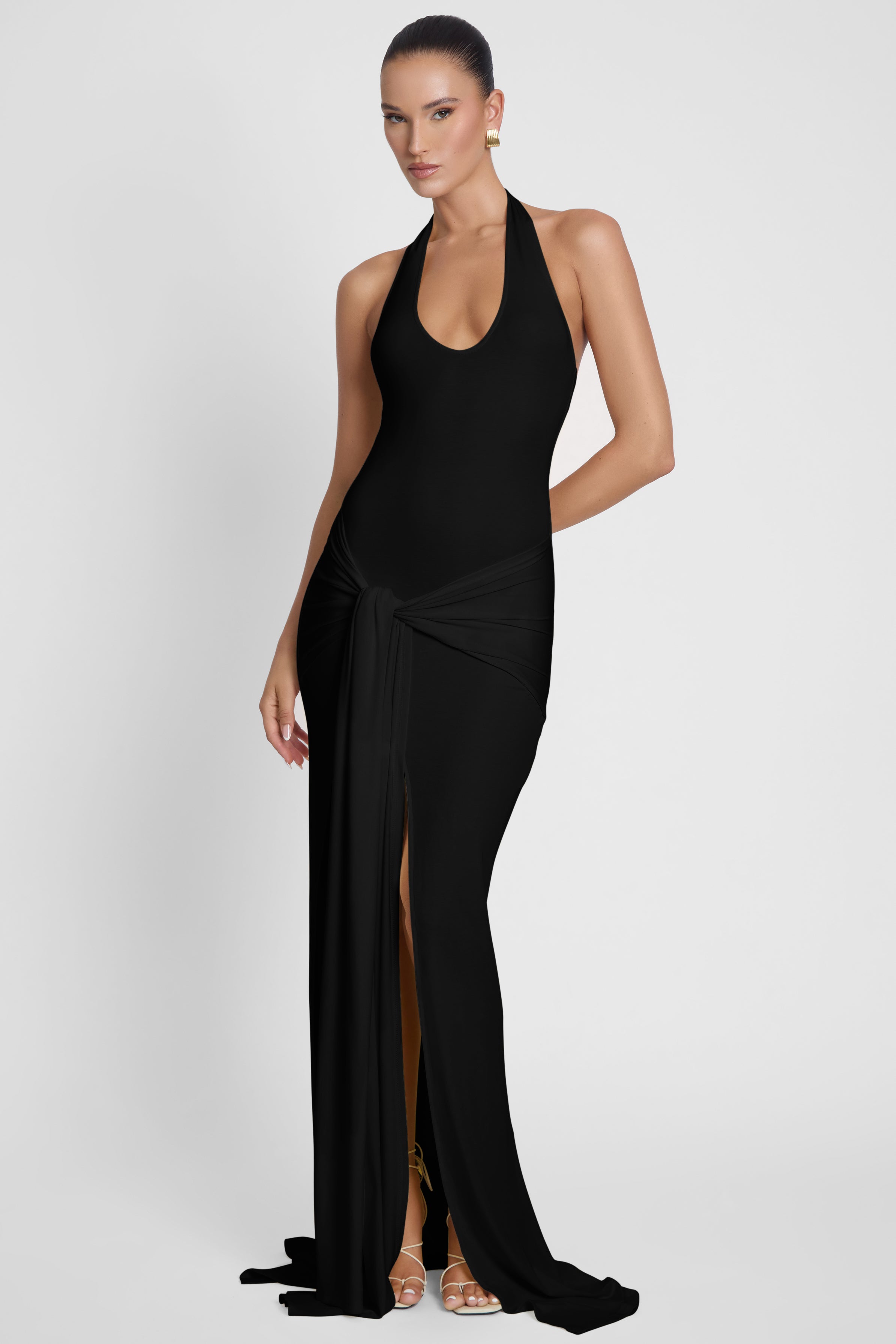 Heaven Halter Jersey Knot Maxi Dress - Black
