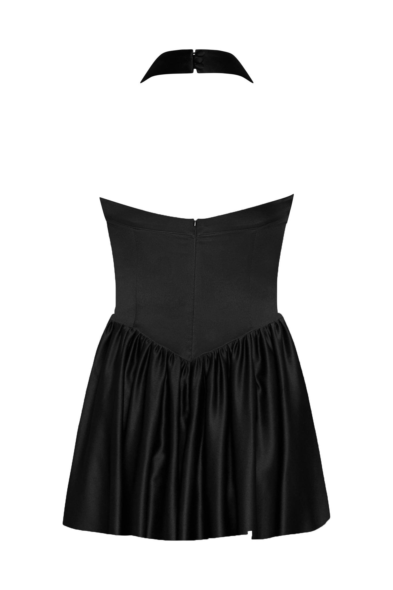 Hyades Halter Corset Mini Dress in Black, back view.