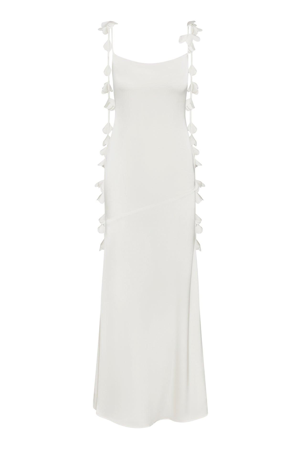 Jardin Petal Satin Maxi Gown in White, front view