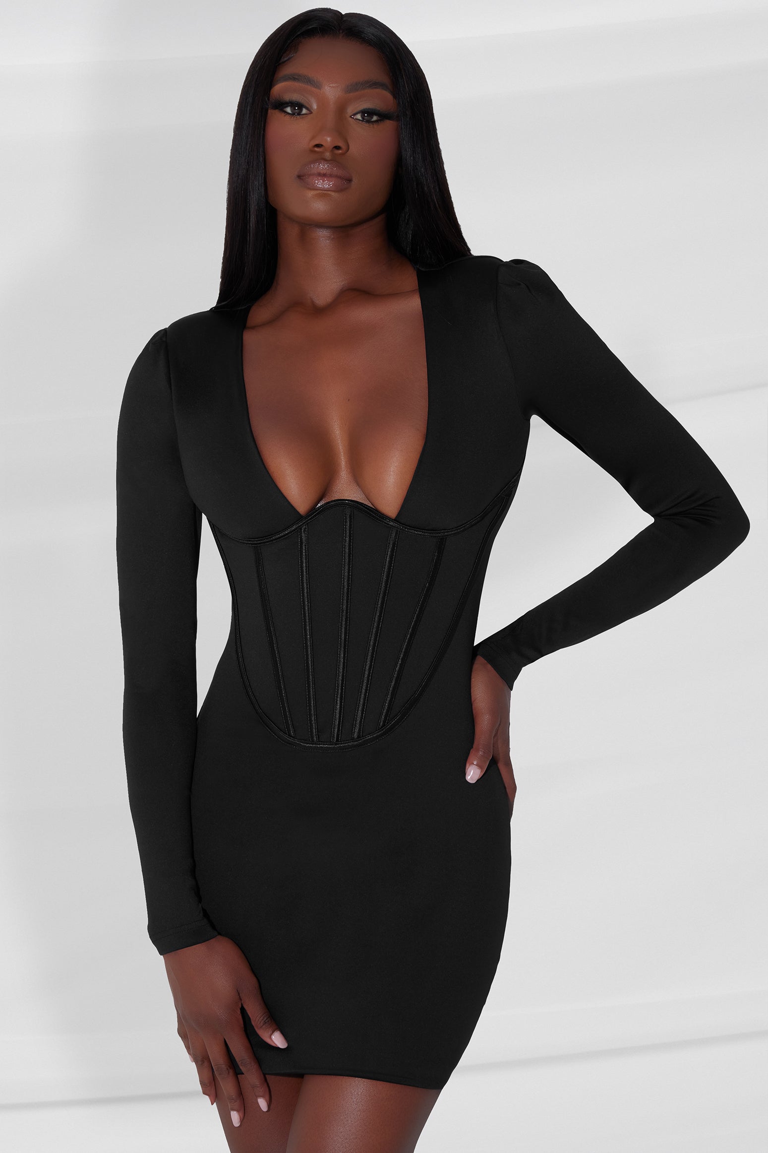 Womens Long Sleeve Corset Mini Dress In Black