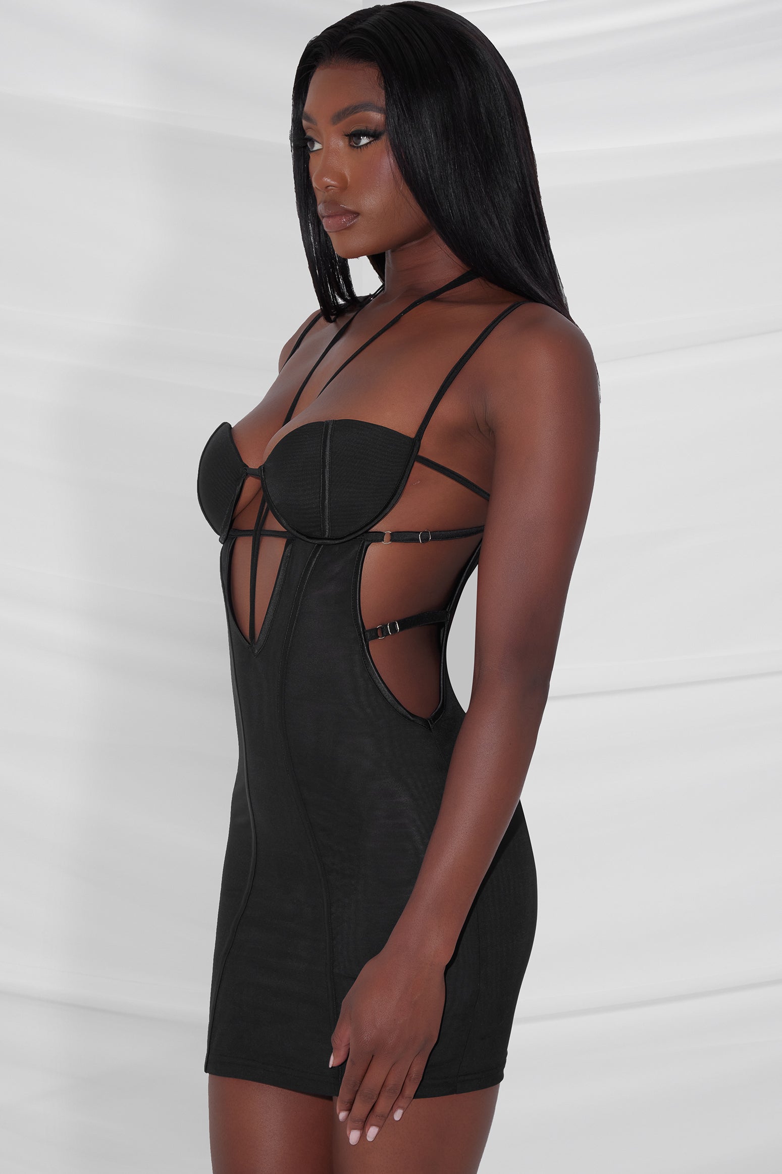 Fatale Bustier Mesh Mini Dress - Black