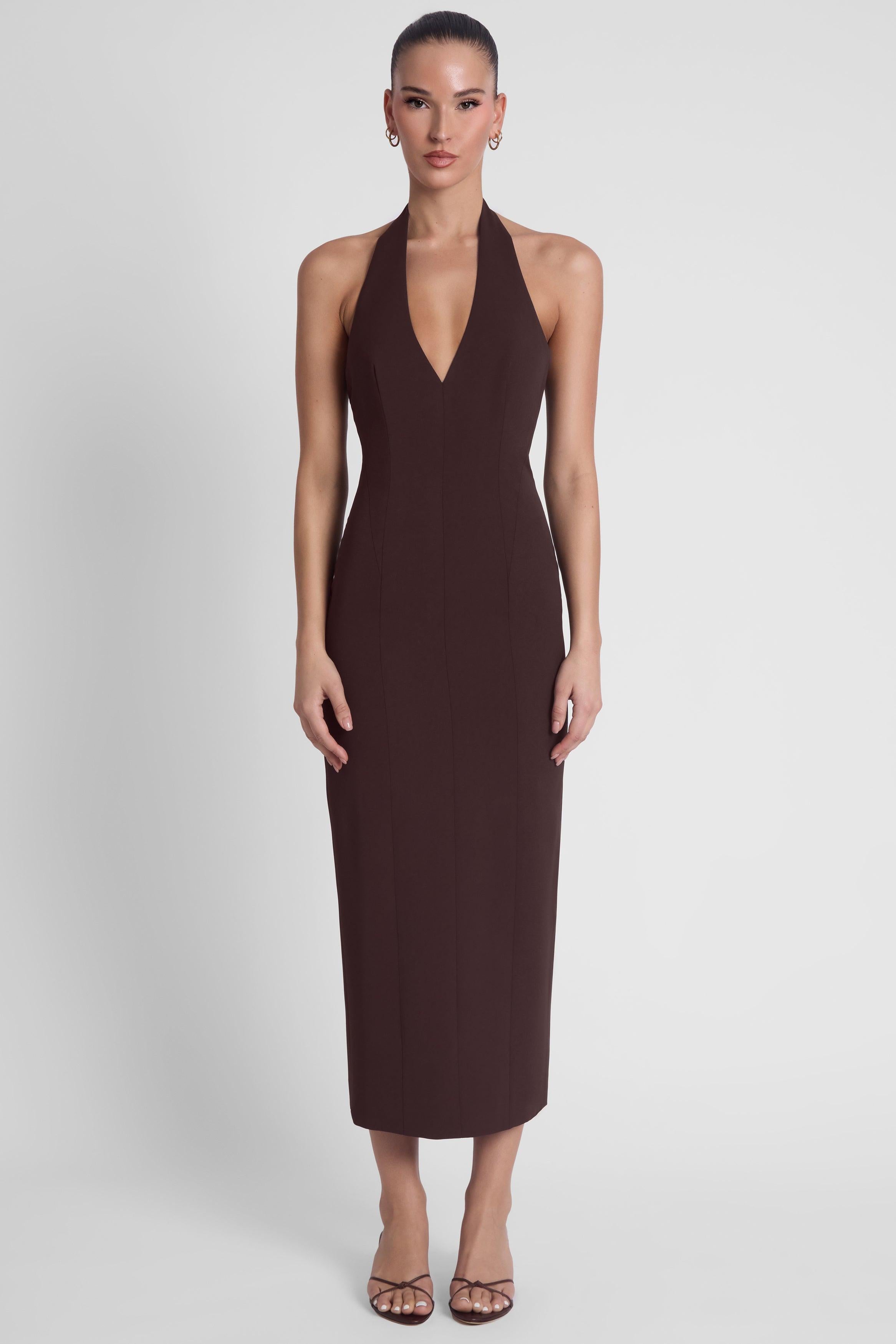 Helena Halter Midi Dress - Chocolate Brown - XS