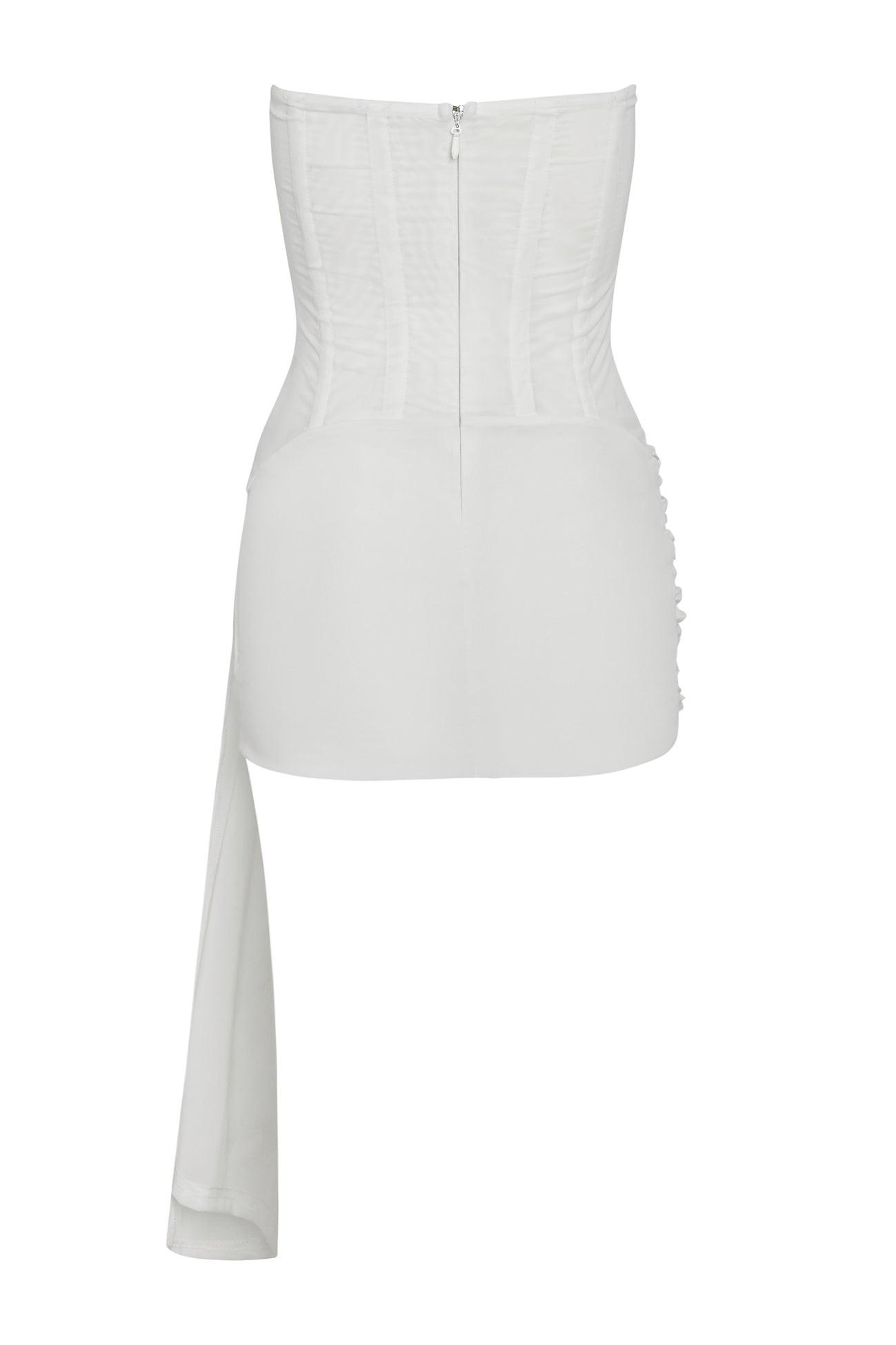Mira Mesh Corset Dress in White, back view.