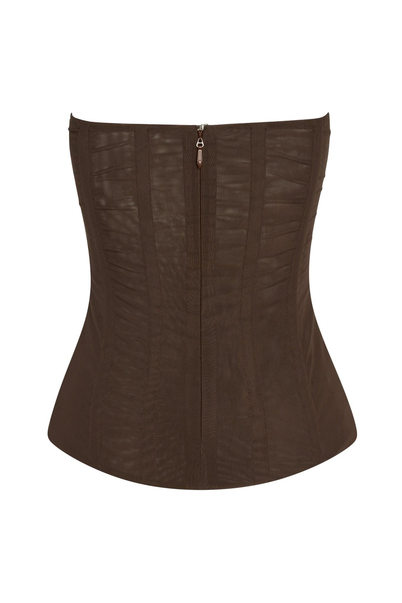 Muse Mesh Corset Top in Chocolate Brown, back view.