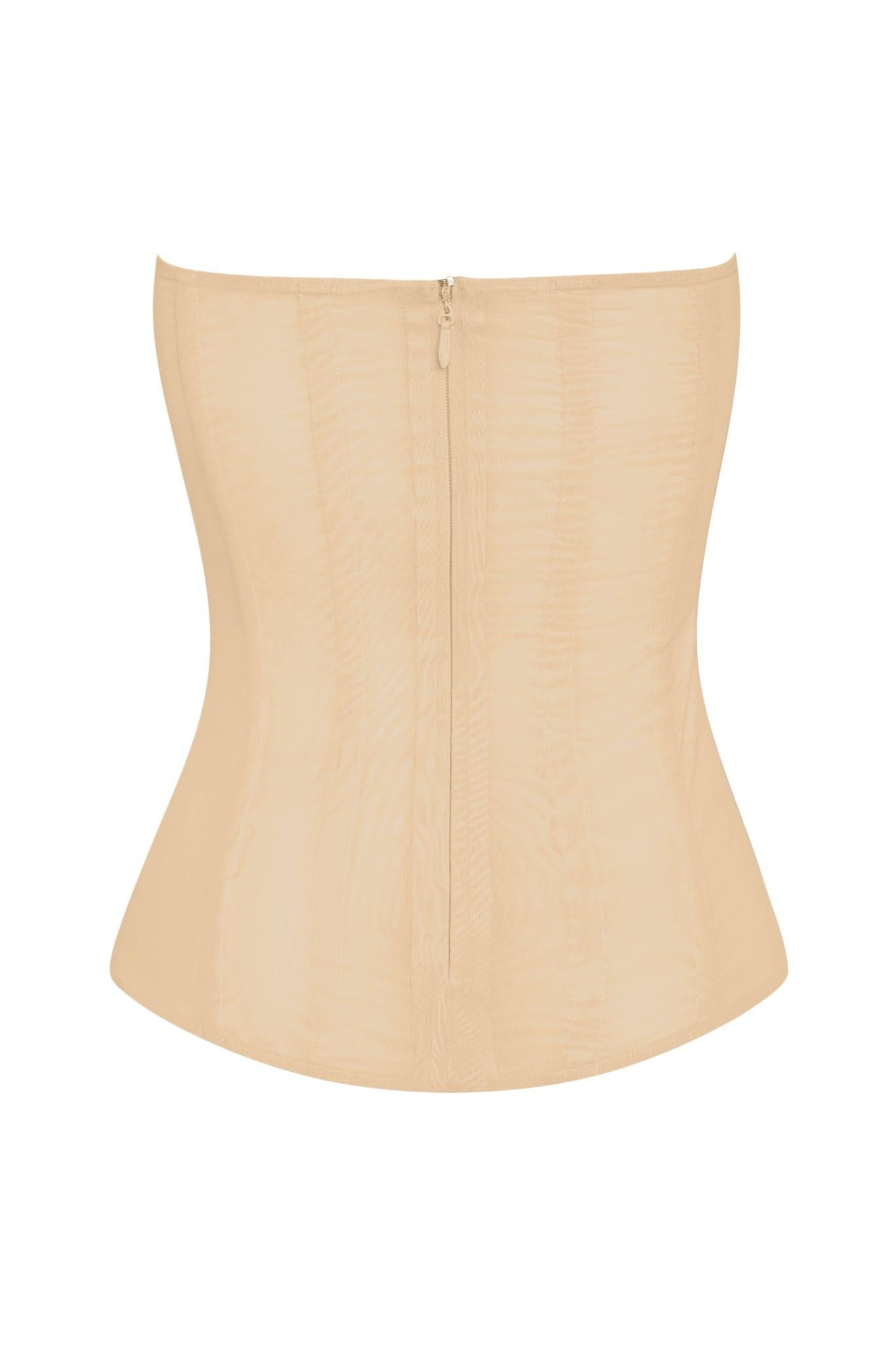 Muse Mesh Corset Top in Tan, back view.