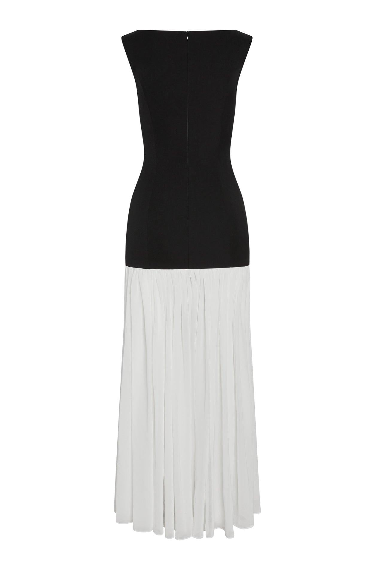 Phantom Contrast Chiffon Maxi Dress in Black/White, back view.