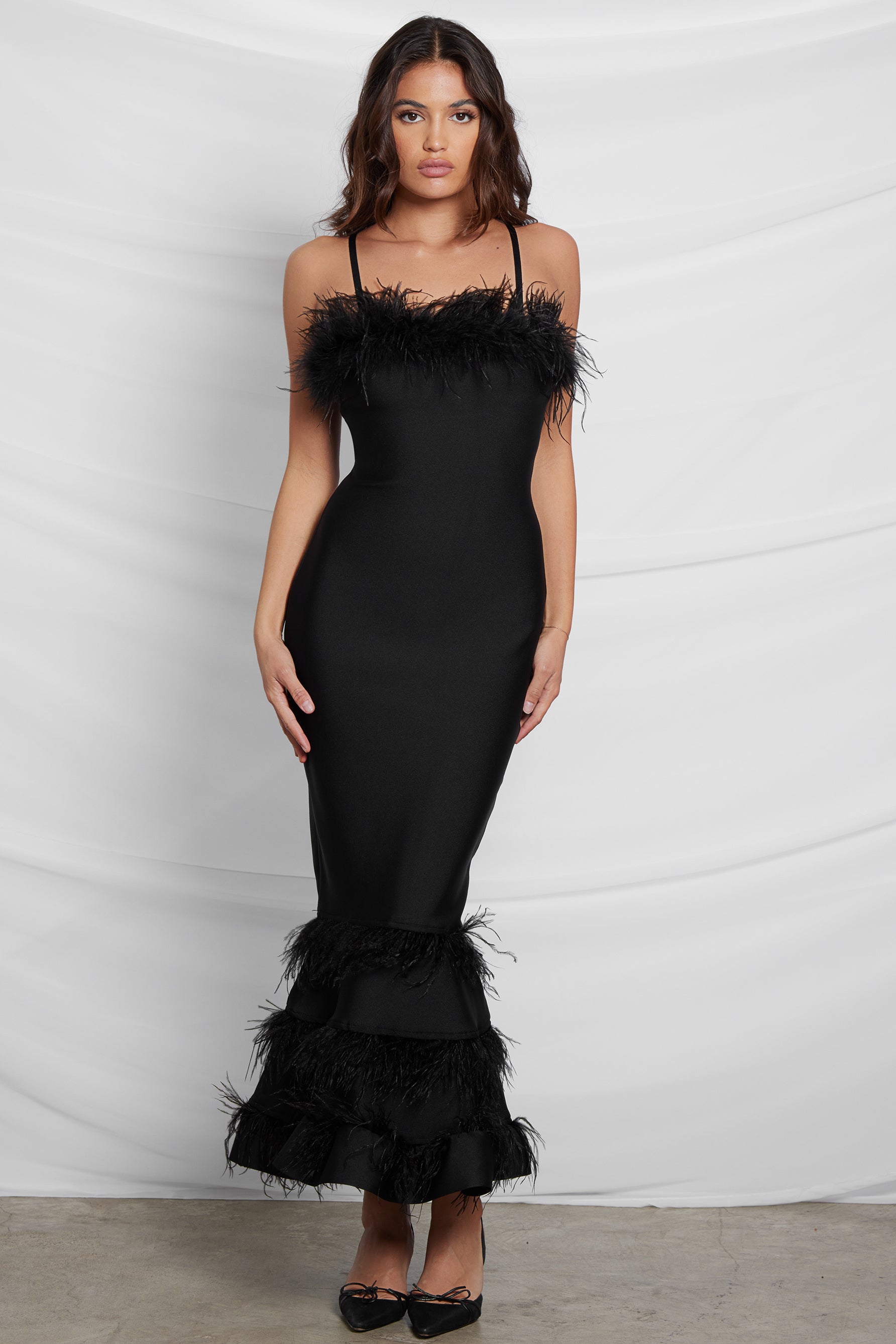 Fiona Feather Bandage Midi Dress - Black