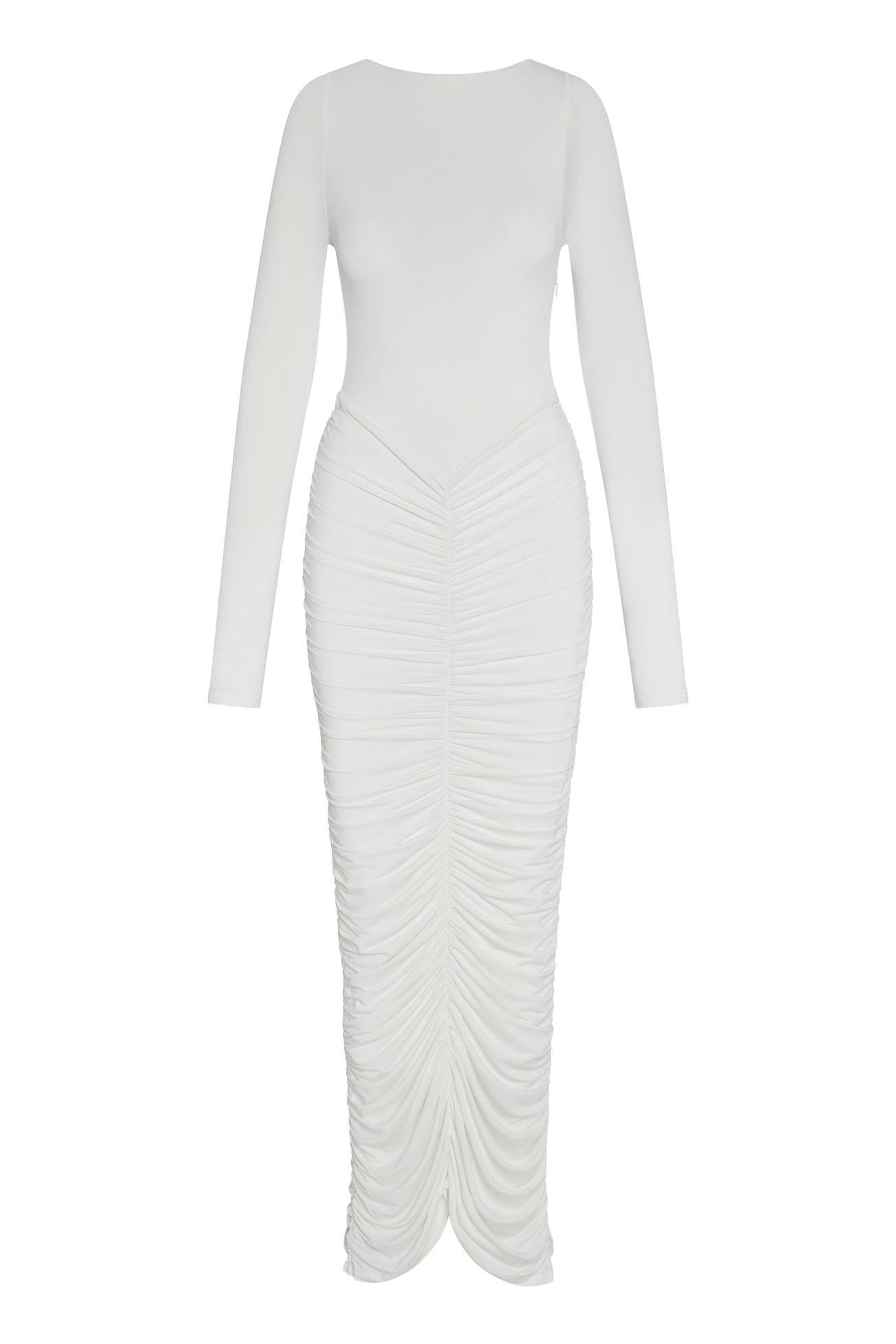 Rhea Ruche Maxi Dress in White, back view.