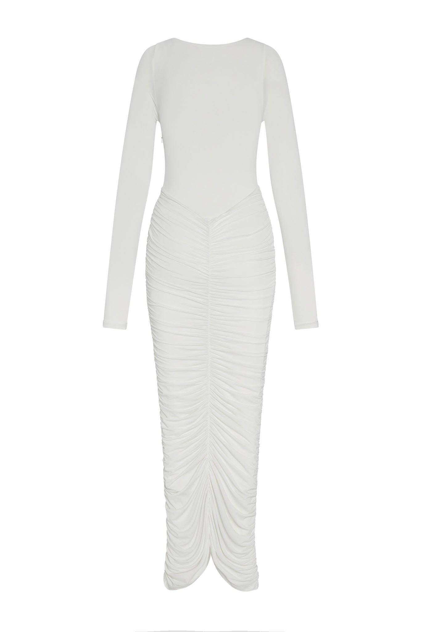 Rhea Ruche Maxi Dress in White, front view.