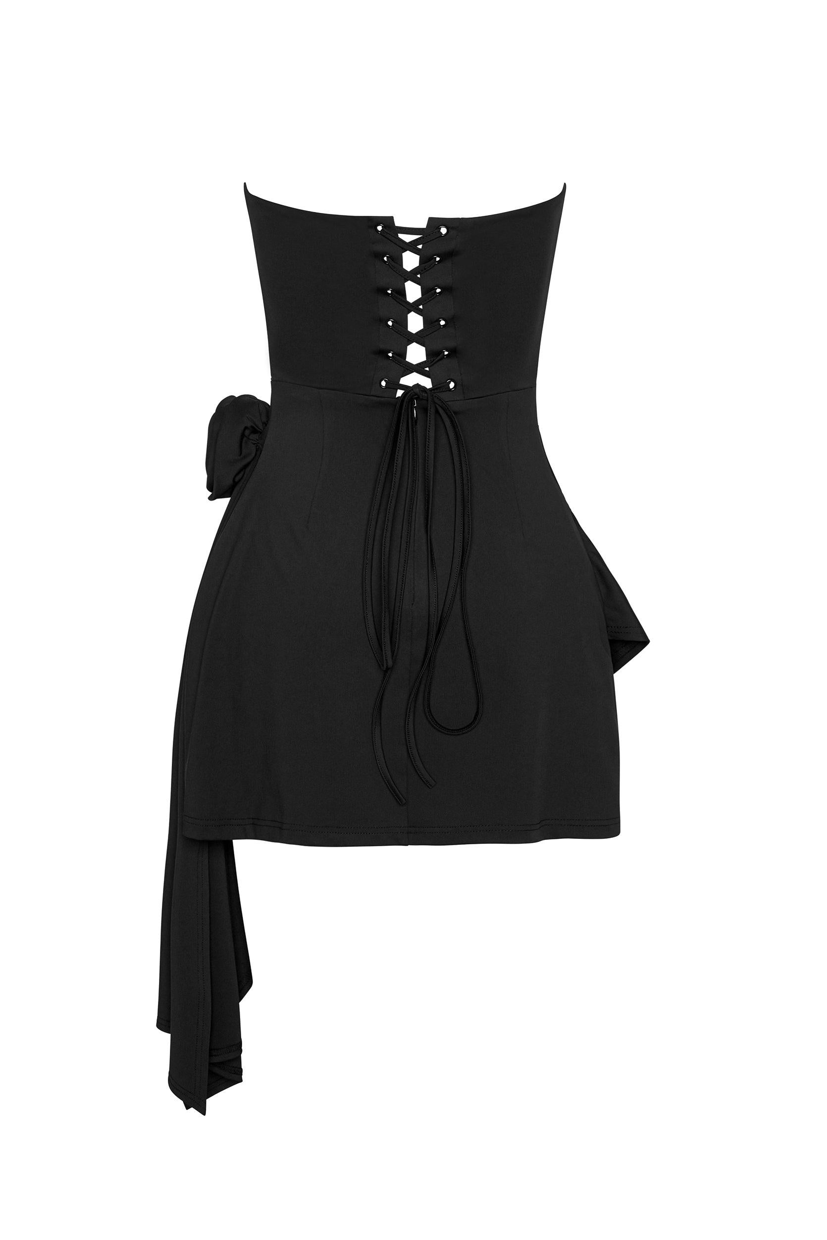 Rosette Strapless Mini Dress in Black, back view.