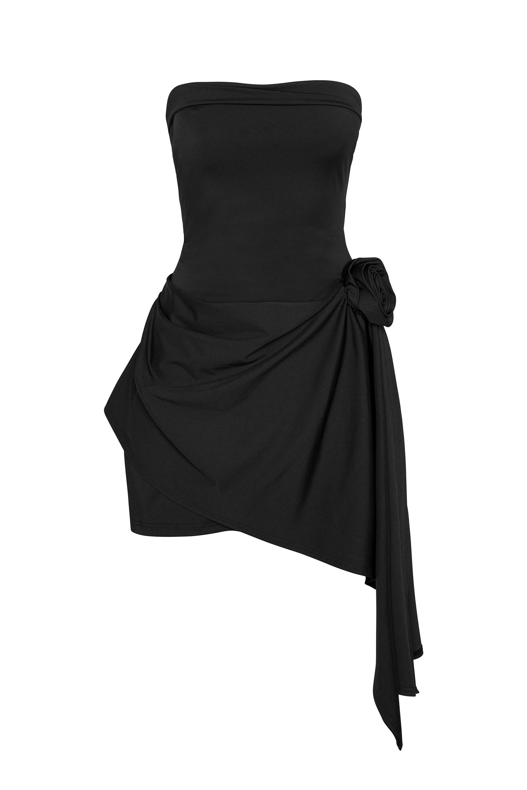Rosette Strapless Mini Dress in Black, front view.