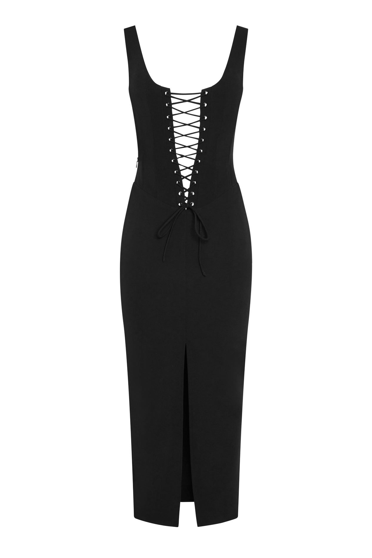Sancia Corset Midi Dress in Black, back view.