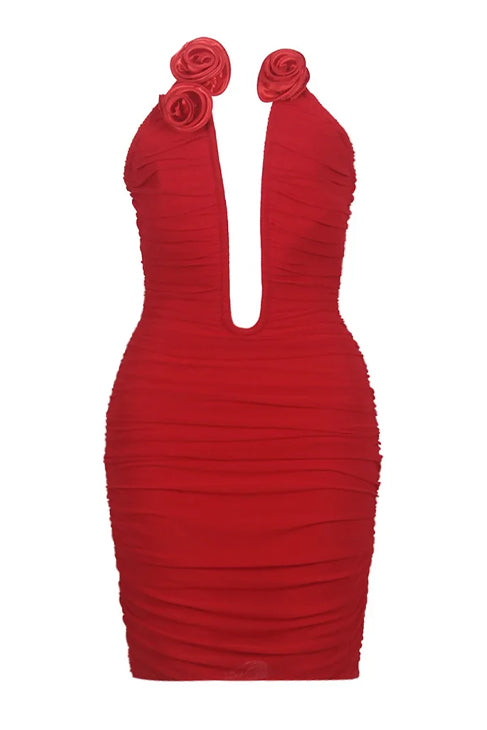Santal Strapless Plunging Floral Mini Dress - Red