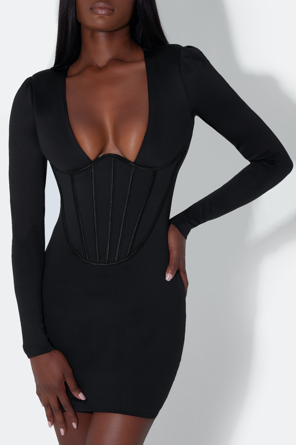 long sleeve little black corset mini dress