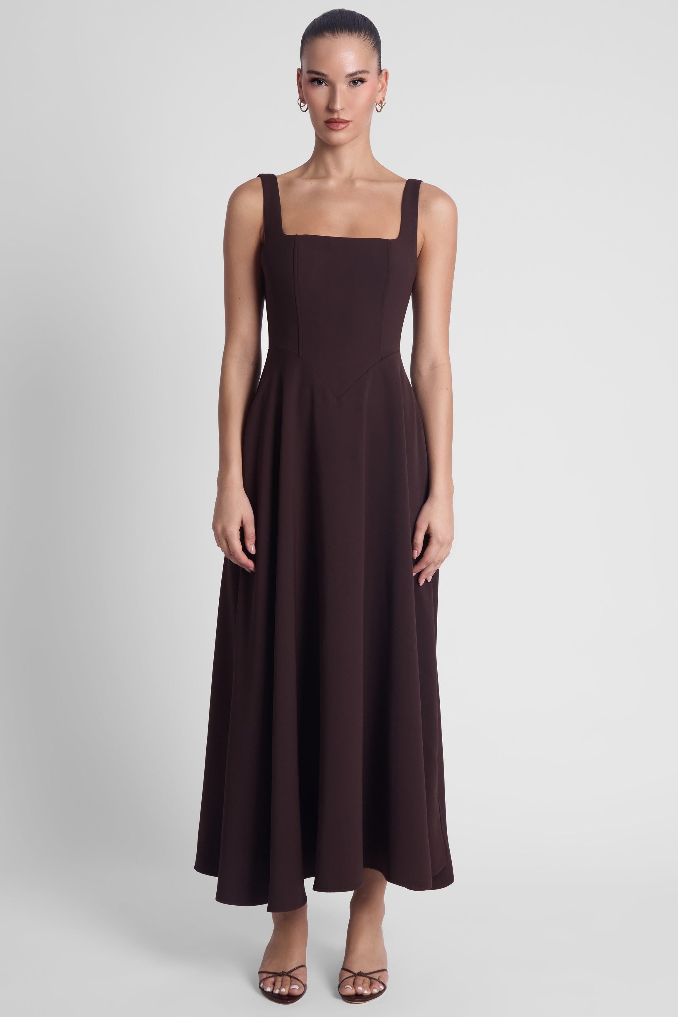 Serenity Square Neck Corset Midi Dress - Chocolate Brown L Serenity Square Neck Corset Midi Dress - Chocolate Brown L