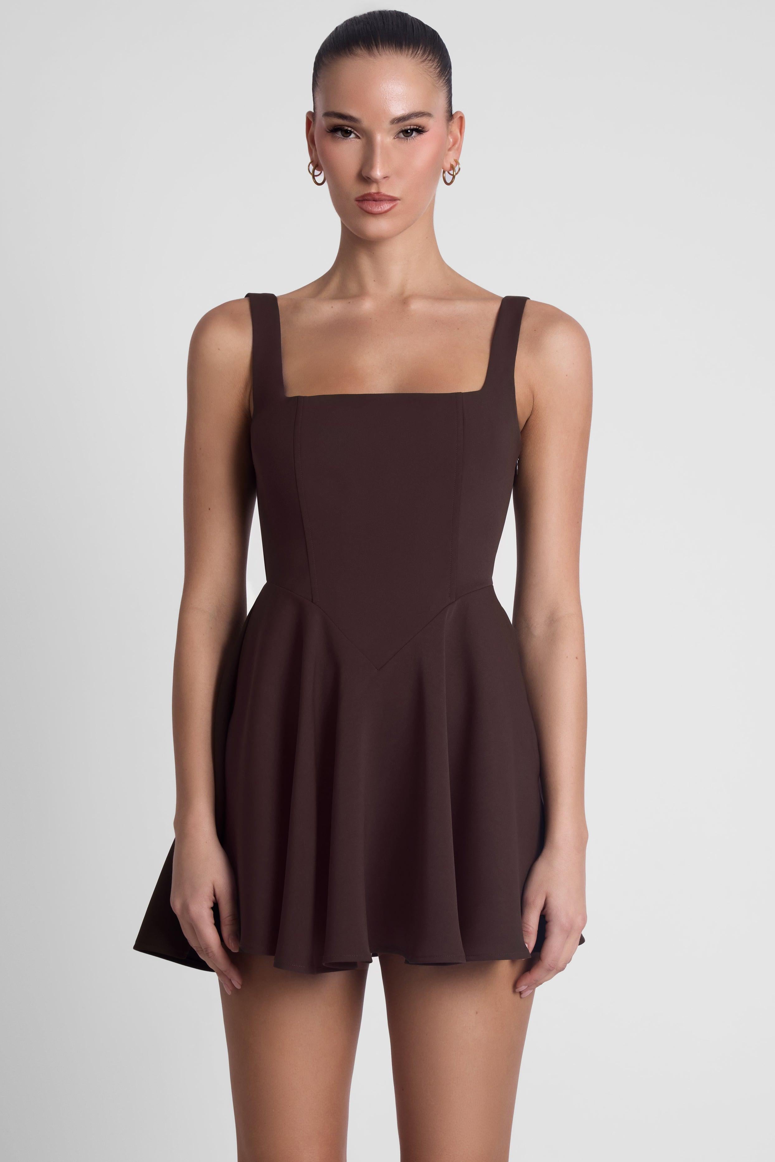 Sloane Square Neck Corset Mini Dress - Chocolate Brown | LEAU Sloane Square Neck Corset Mini Dress - Chocolate Brown | LEAU