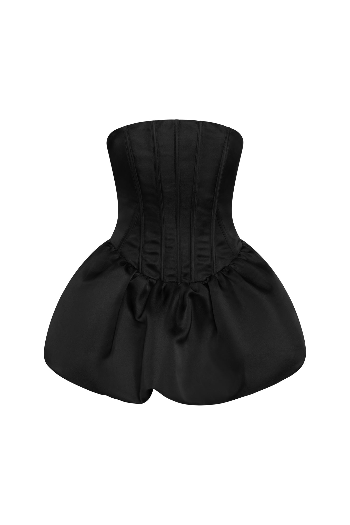 Soir Satin Corset Bubble Mini Dress in Black, front view.