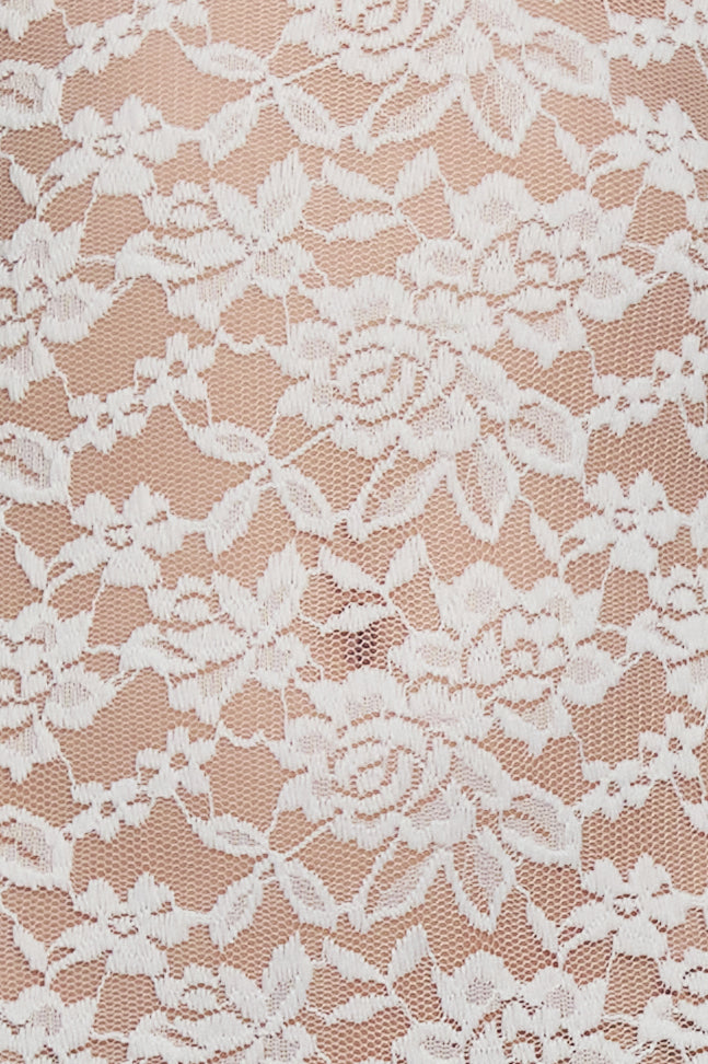 Soleil Scalloped Lace Midi Dress in White, fabric shot.