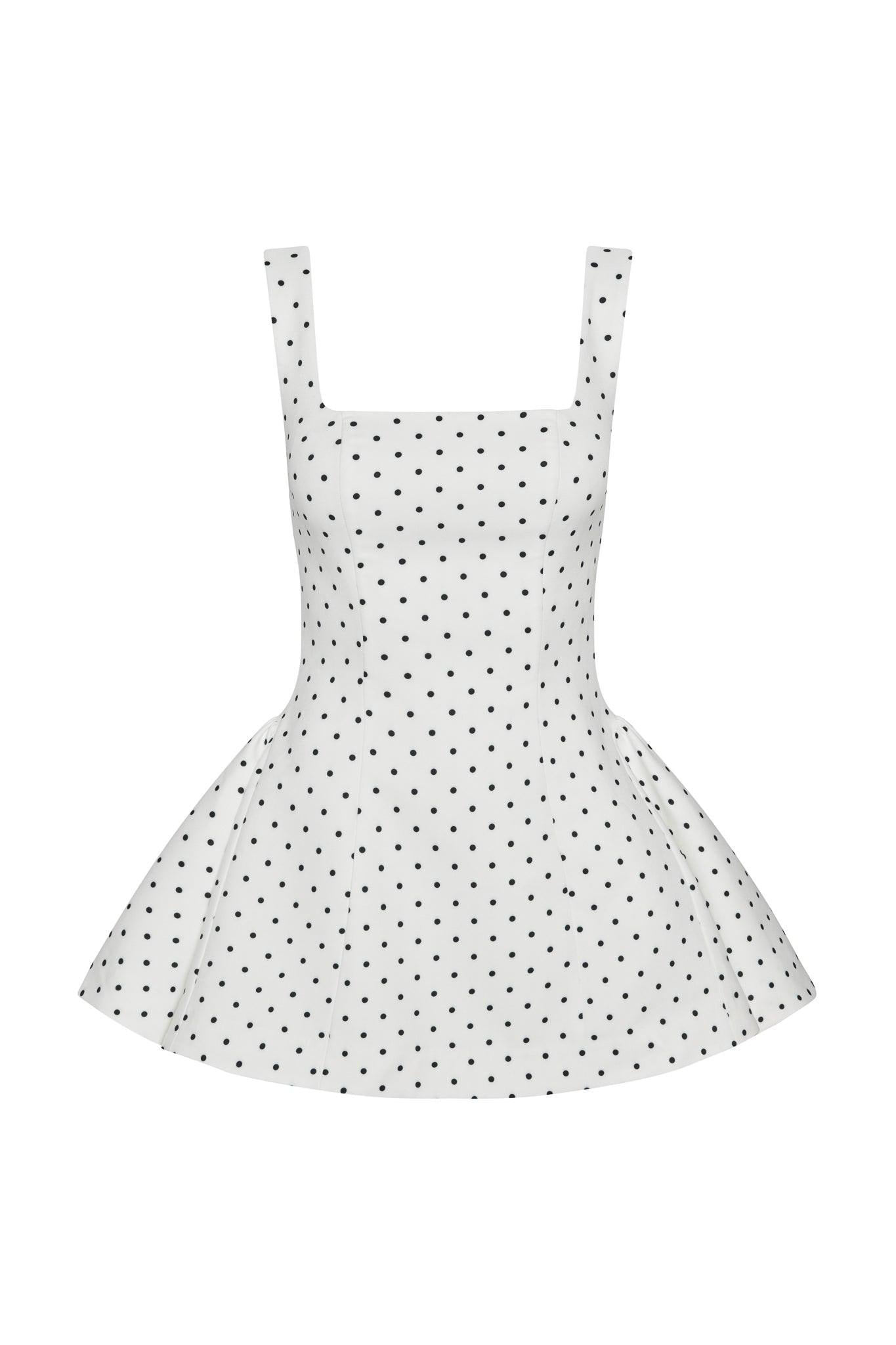 Ysabelle Babydoll Corset Mini Dress in Polka Dot, front view.