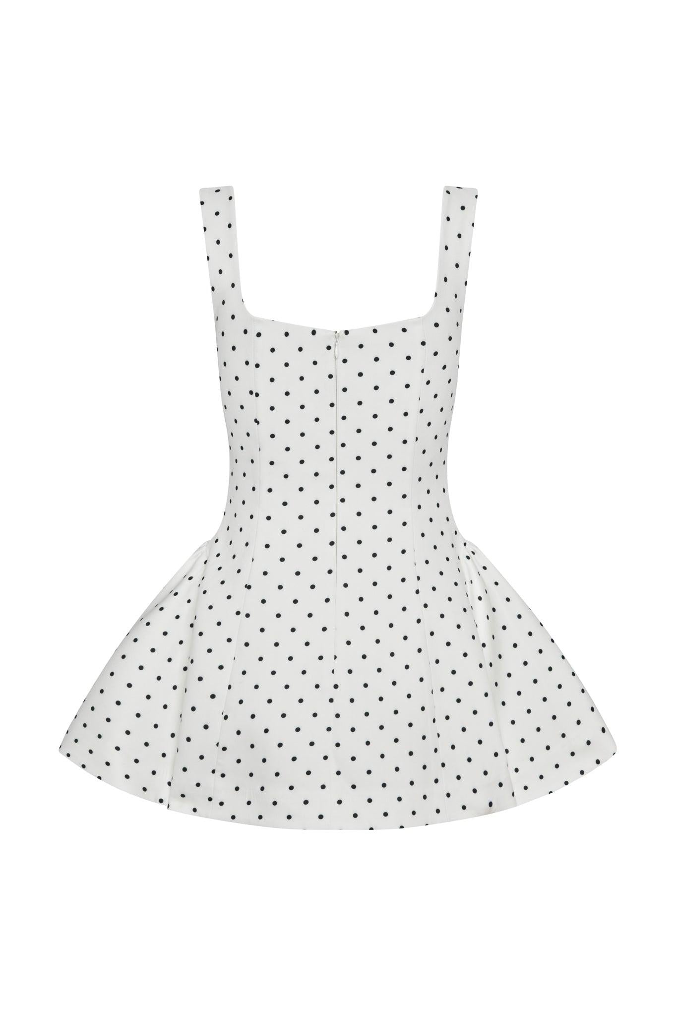 Ysabelle Babydoll Corset Mini Dress in Polka Dot, back view.