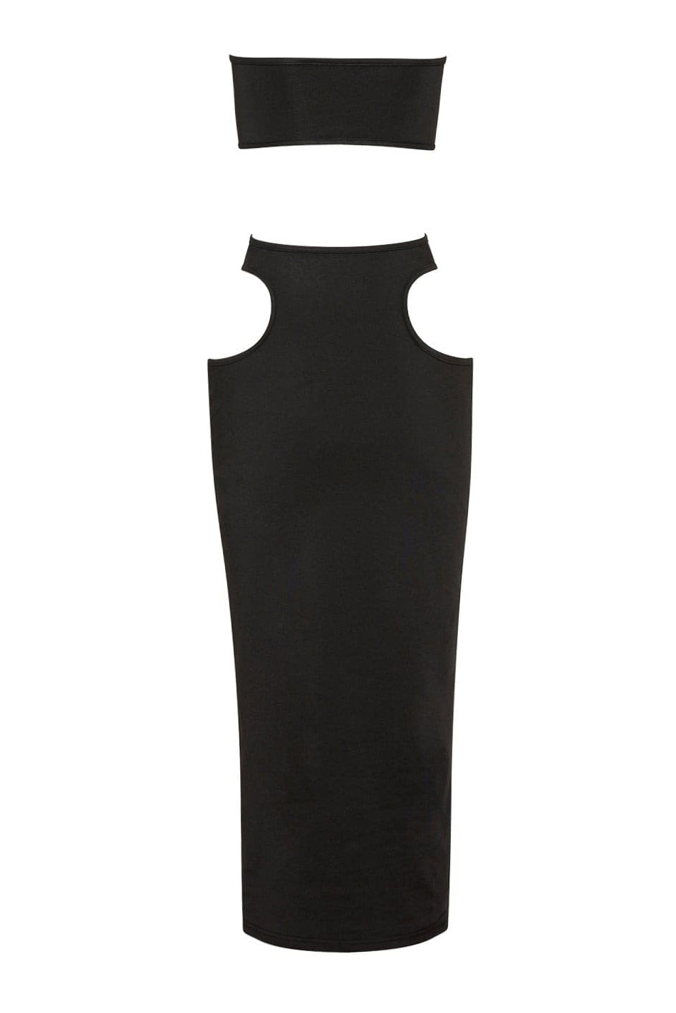 leau black strapless mirage midi dress in black