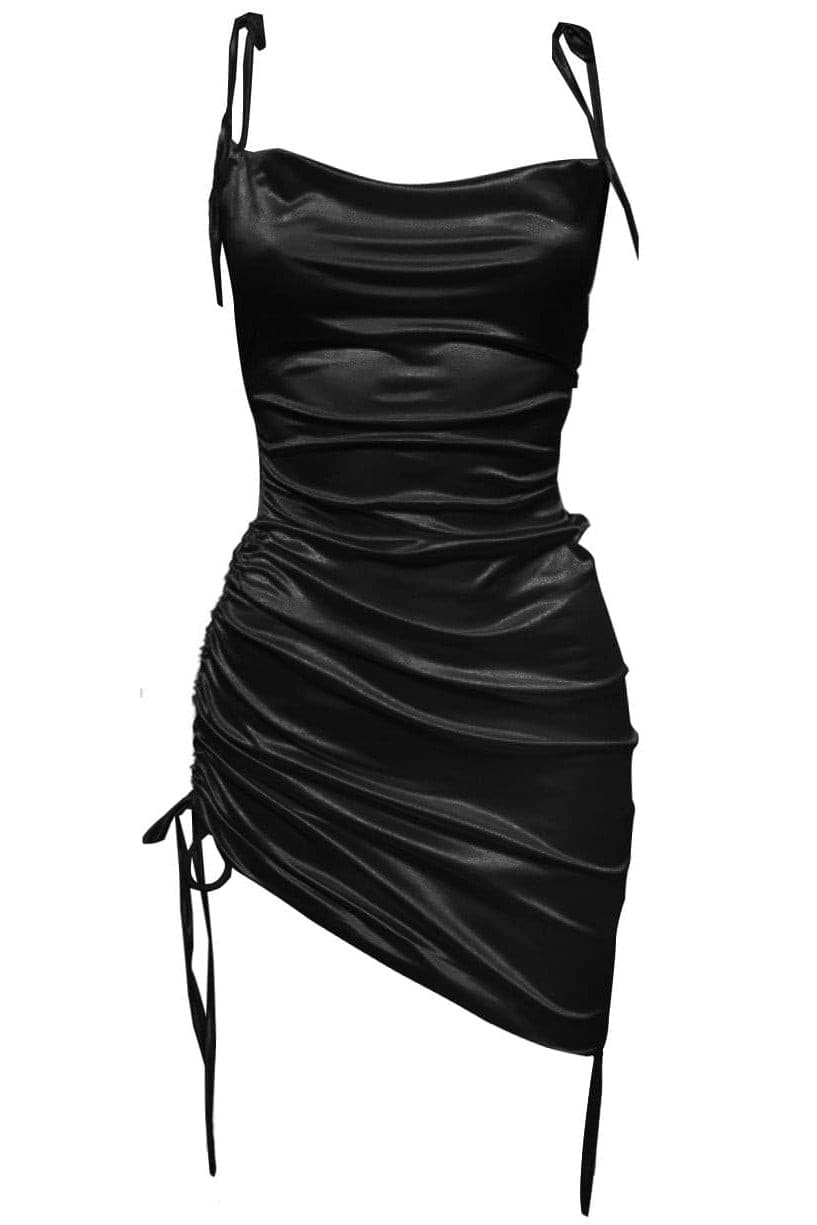 Classy Black Women Adjustable Drawstring Ruched Mini Leather Dress