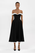 Ramona Contrast Corset Babydoll Midi Dress -  Black