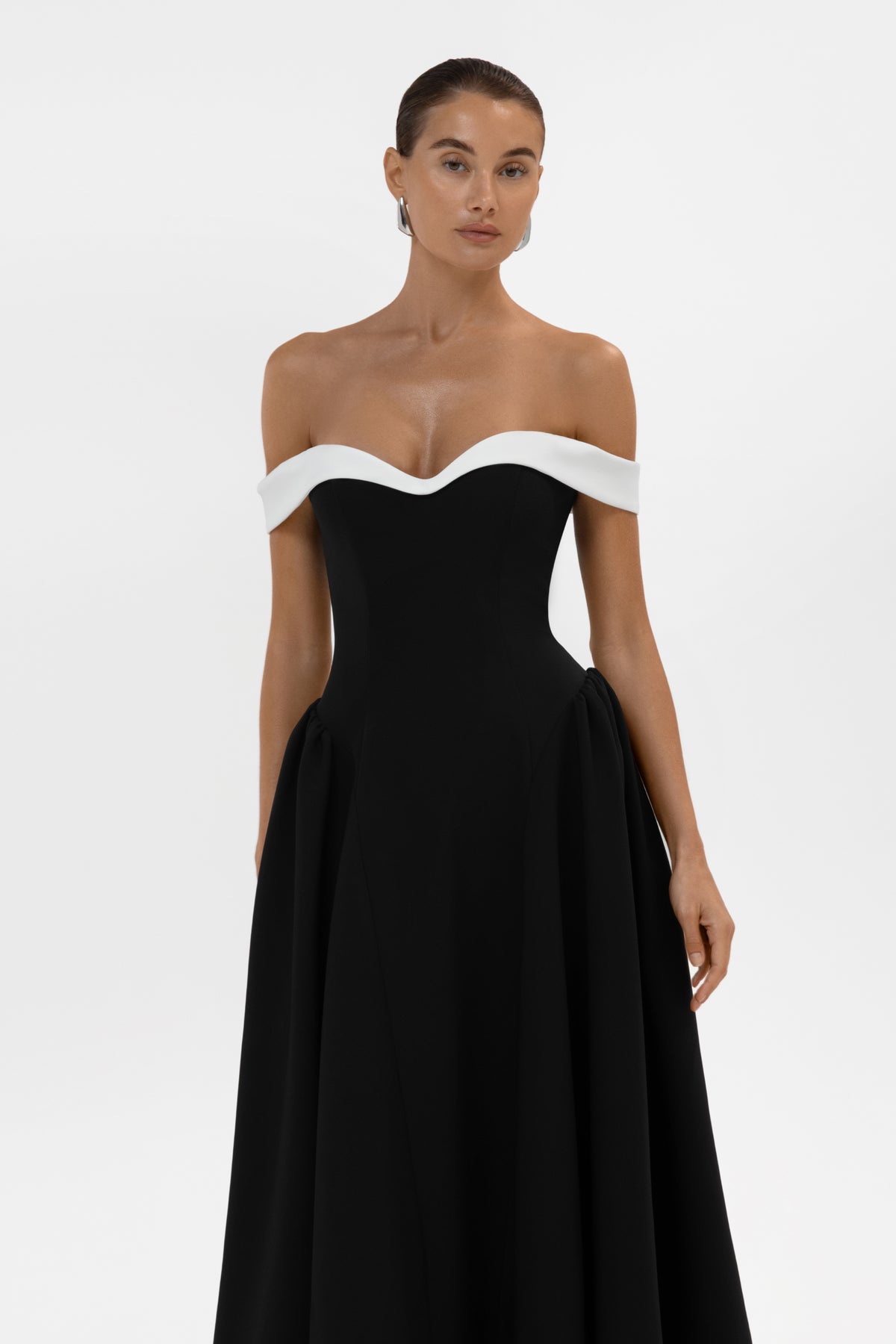 Ramona Contrast Corset Babydoll Midi Dress -  Black