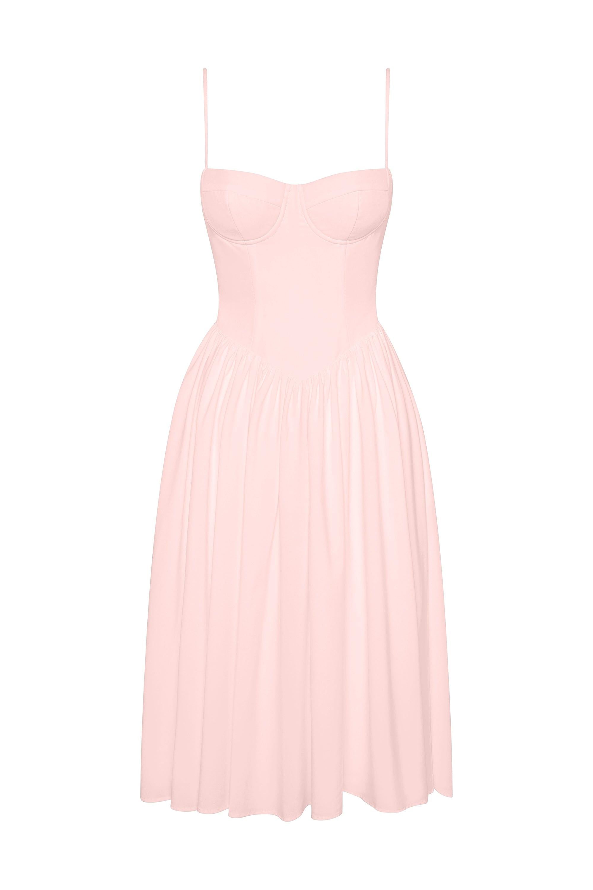 Ballerina Bustier Midi Dress in Pink, front view.