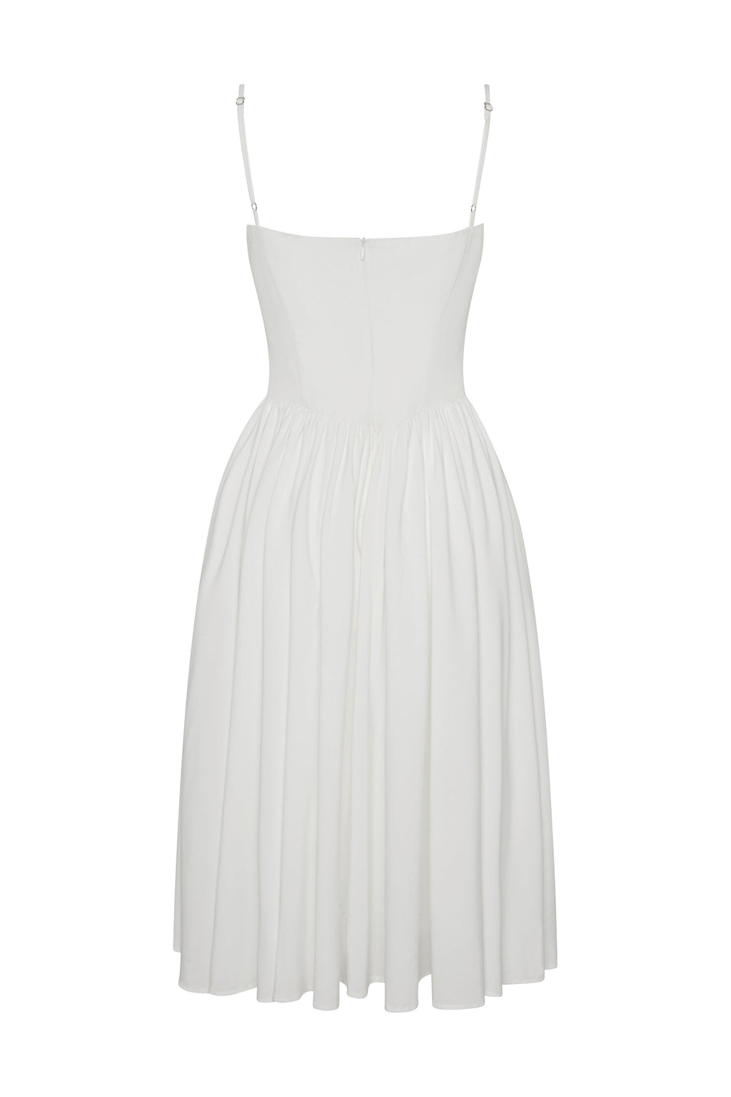 Ballerina Bustier Midi Dress in White, back view.
