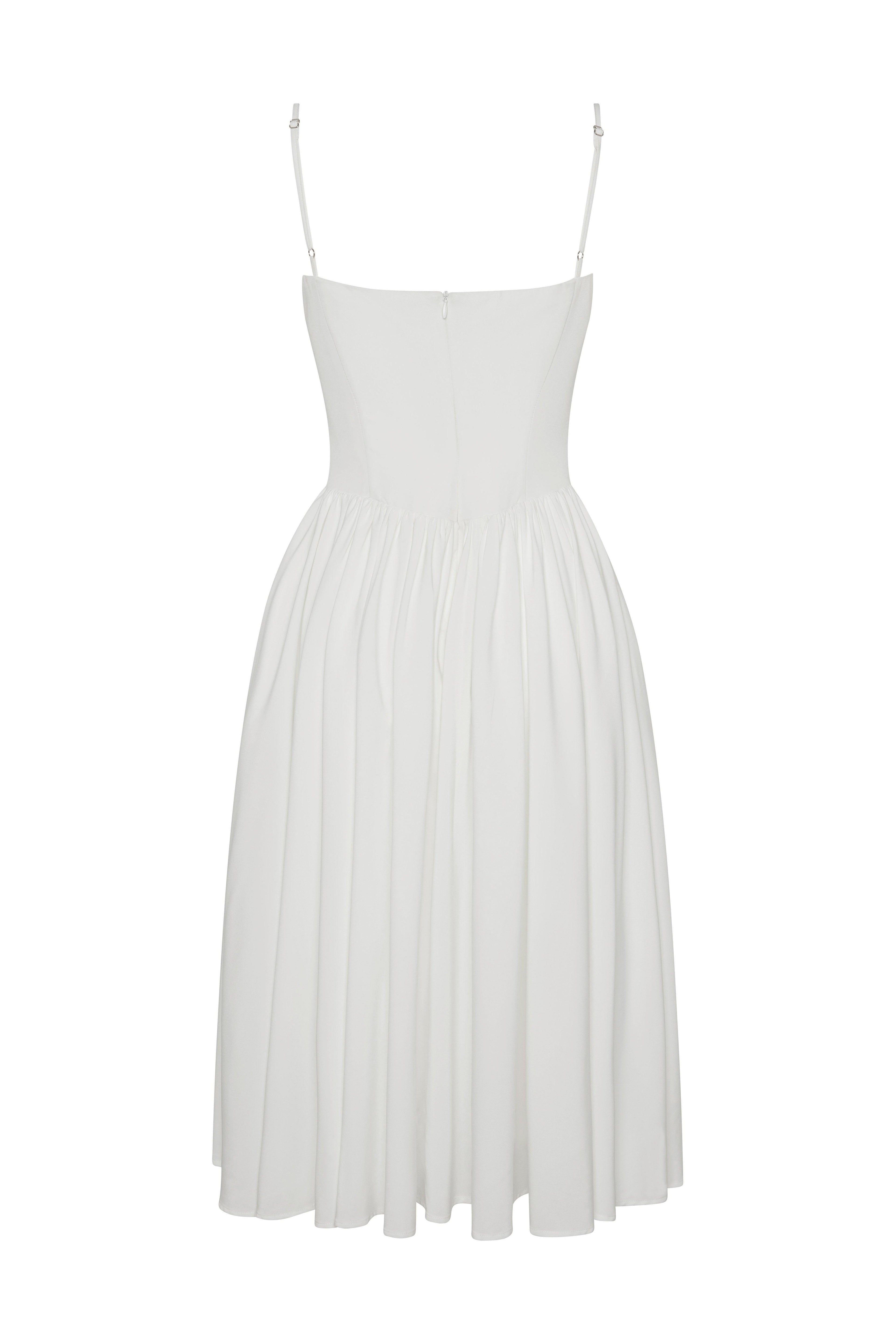 Ballerina Bustier Midi Dress in White, back view.