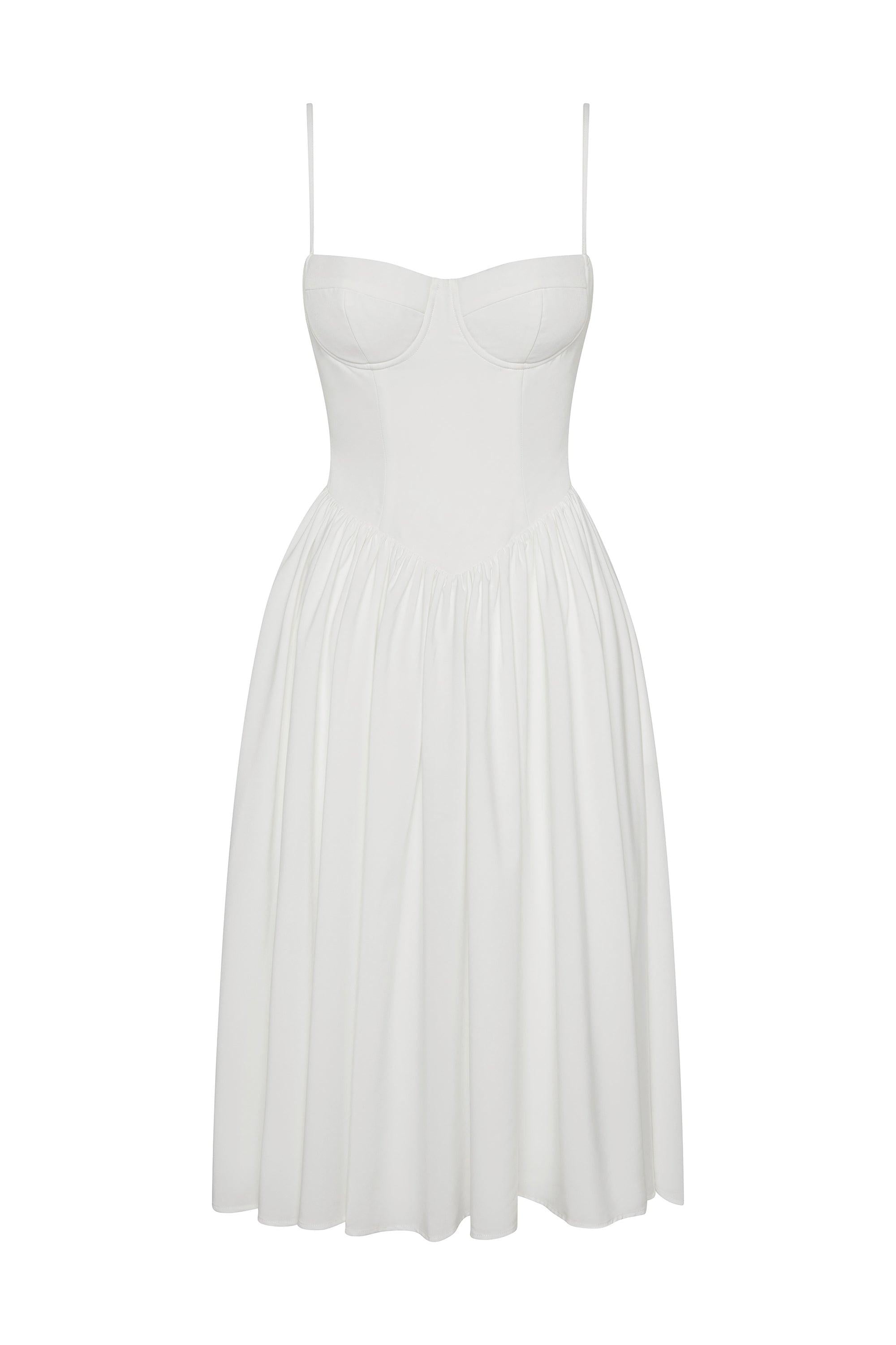 Ballerina Bustier Midi Dress in White, front view.