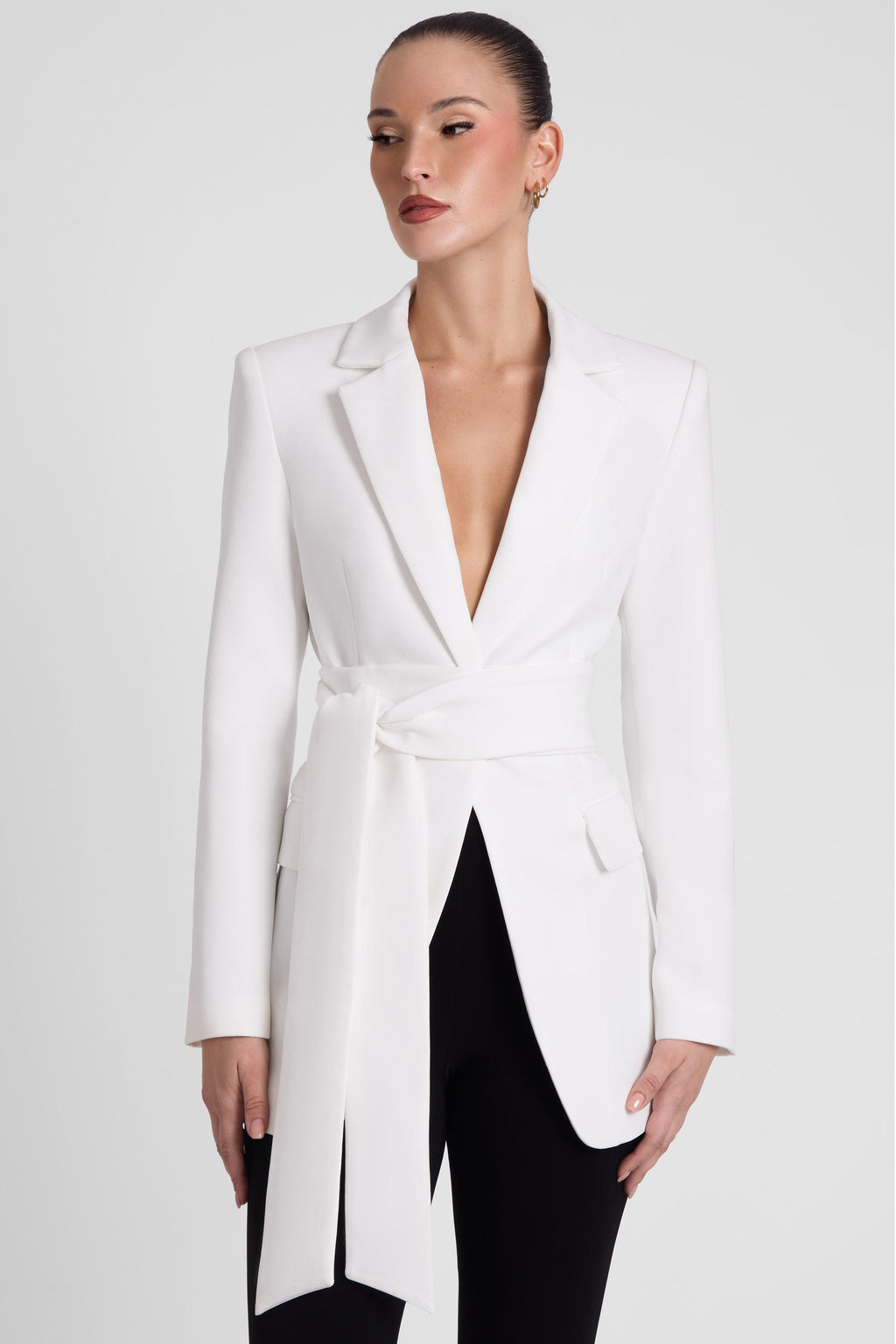 Classic Column Tailored Belted Blazer - White