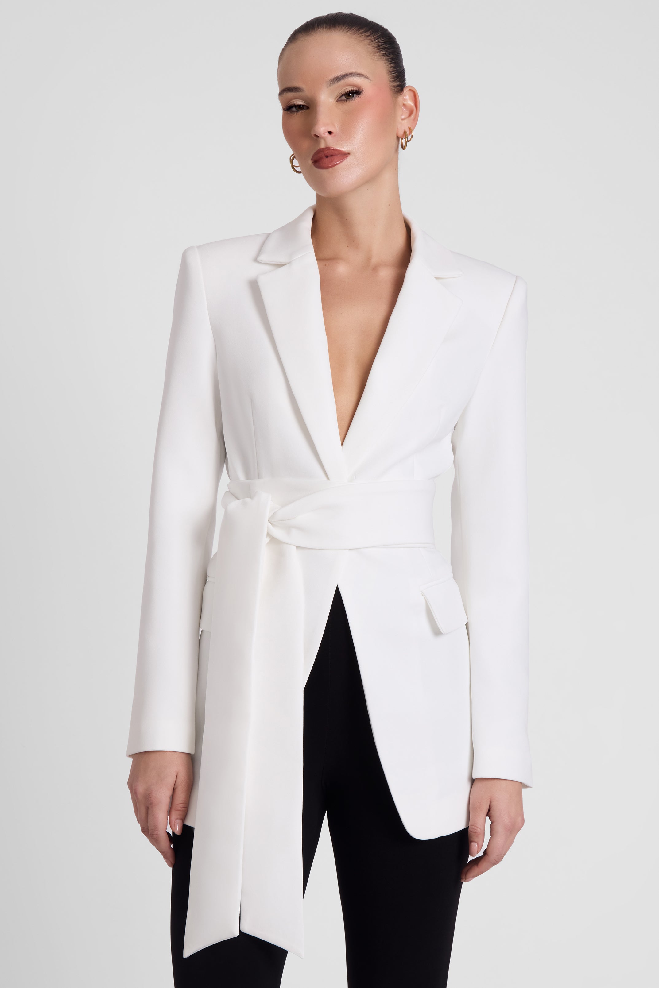 Classic Column Tailored Belted Blazer - White