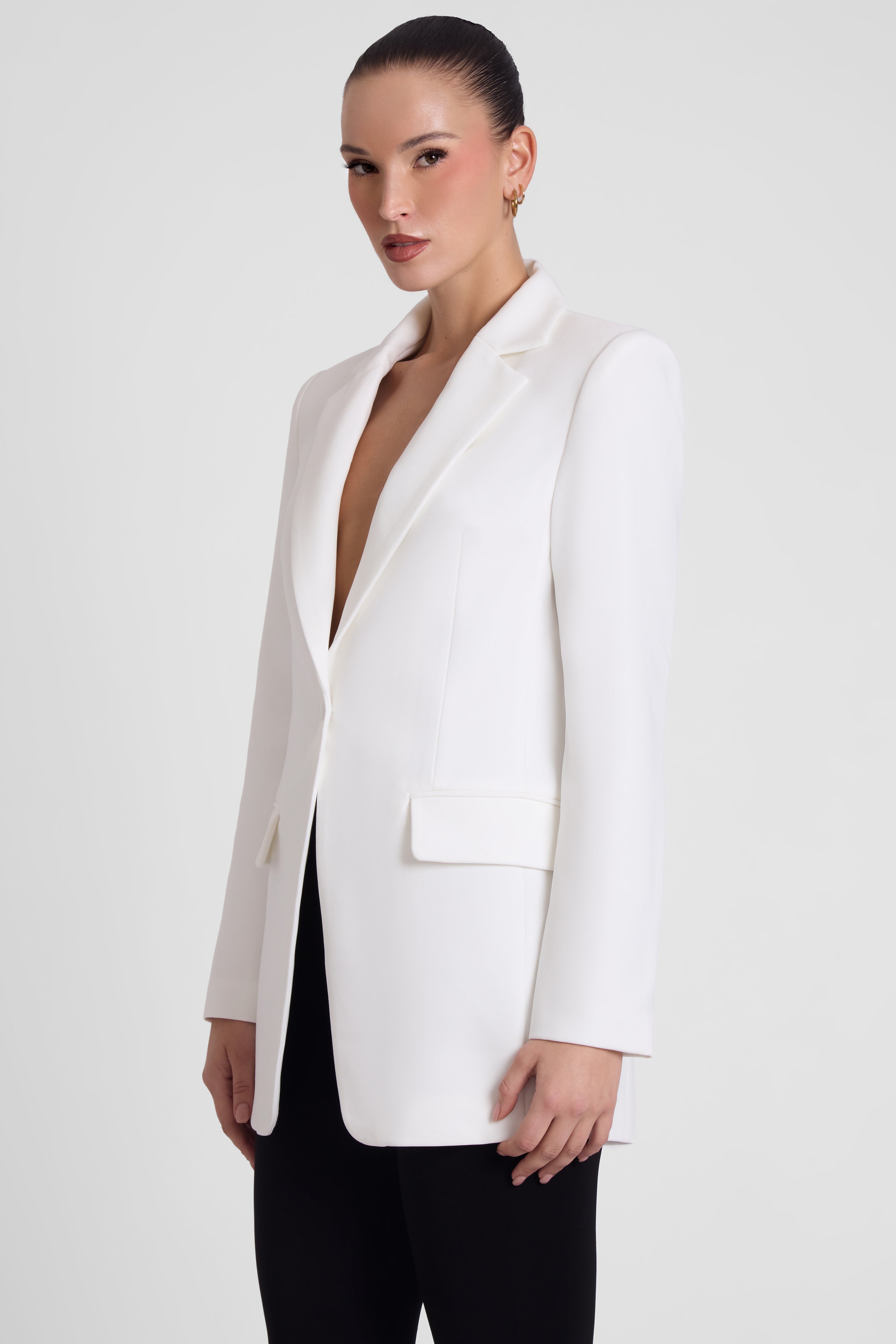 Classic Column Tailored Belted Blazer - White